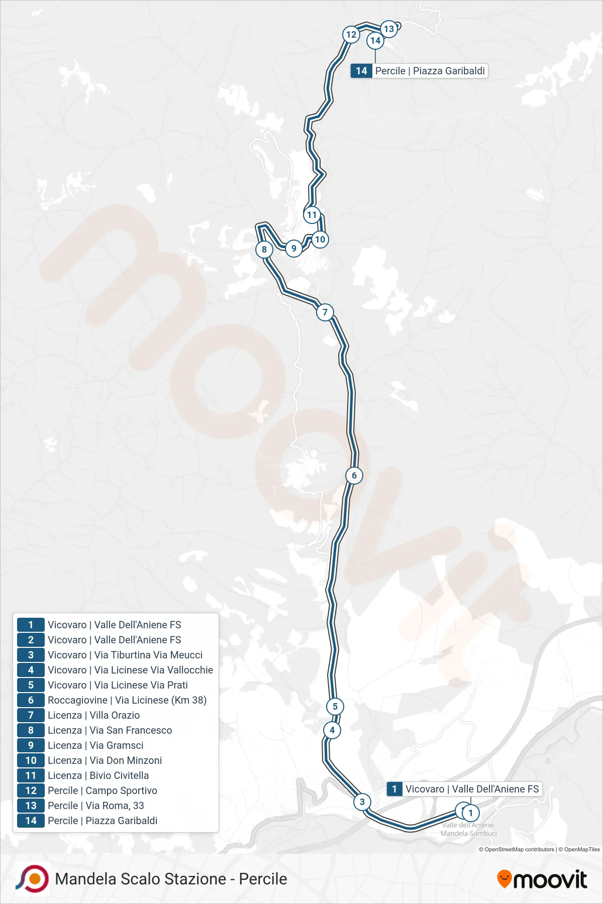 Linea COTRAL bus (Vicovaro | Valle Dell'Aniene FS→Percile | Piazza Garibaldi) - Percorsi e fermate sulla mappa
