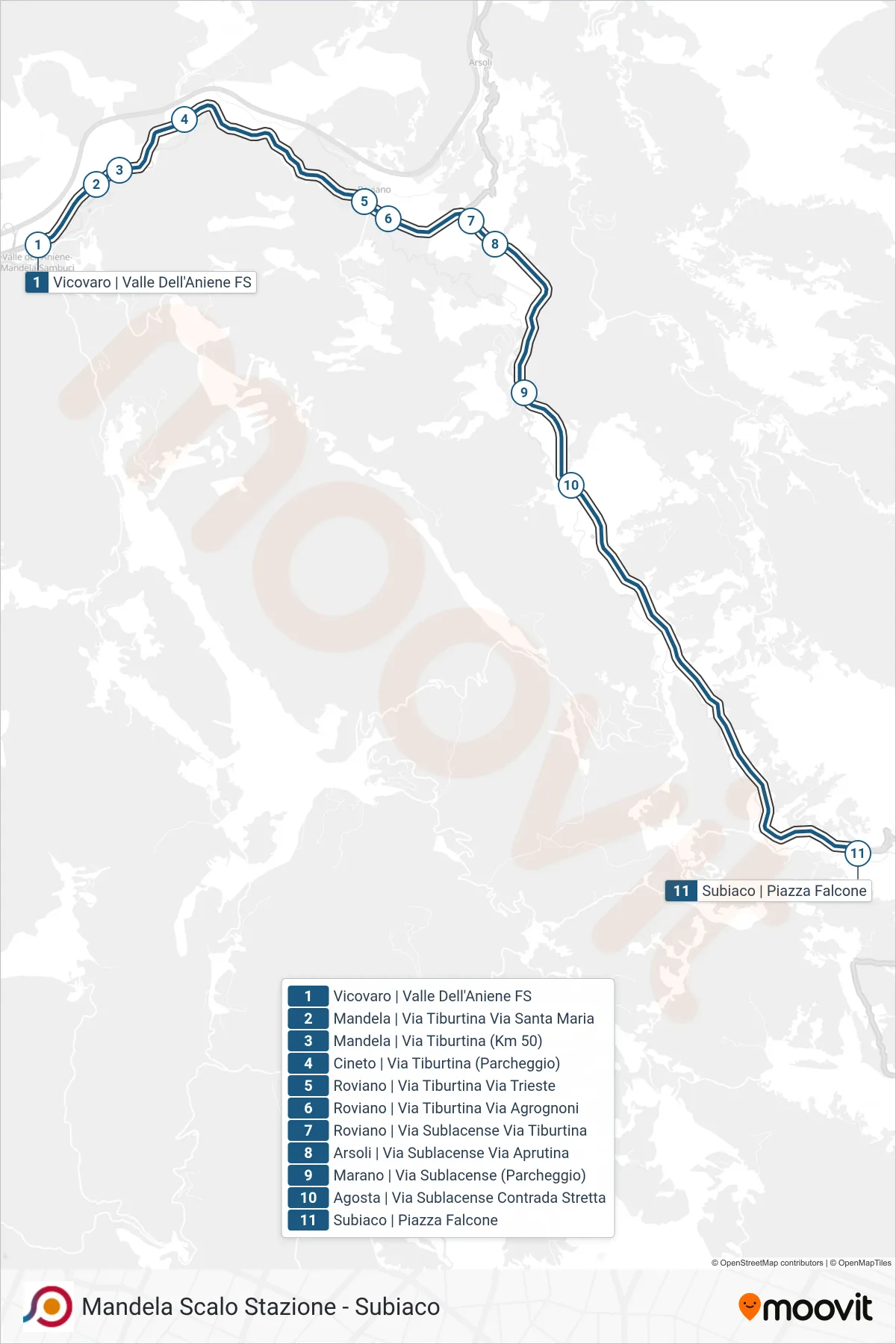 Linea COTRAL bus (Vicovaro | Valle Dell'Aniene FS→Subiaco | Piazza Falcone) - Percorsi e fermate sulla mappa