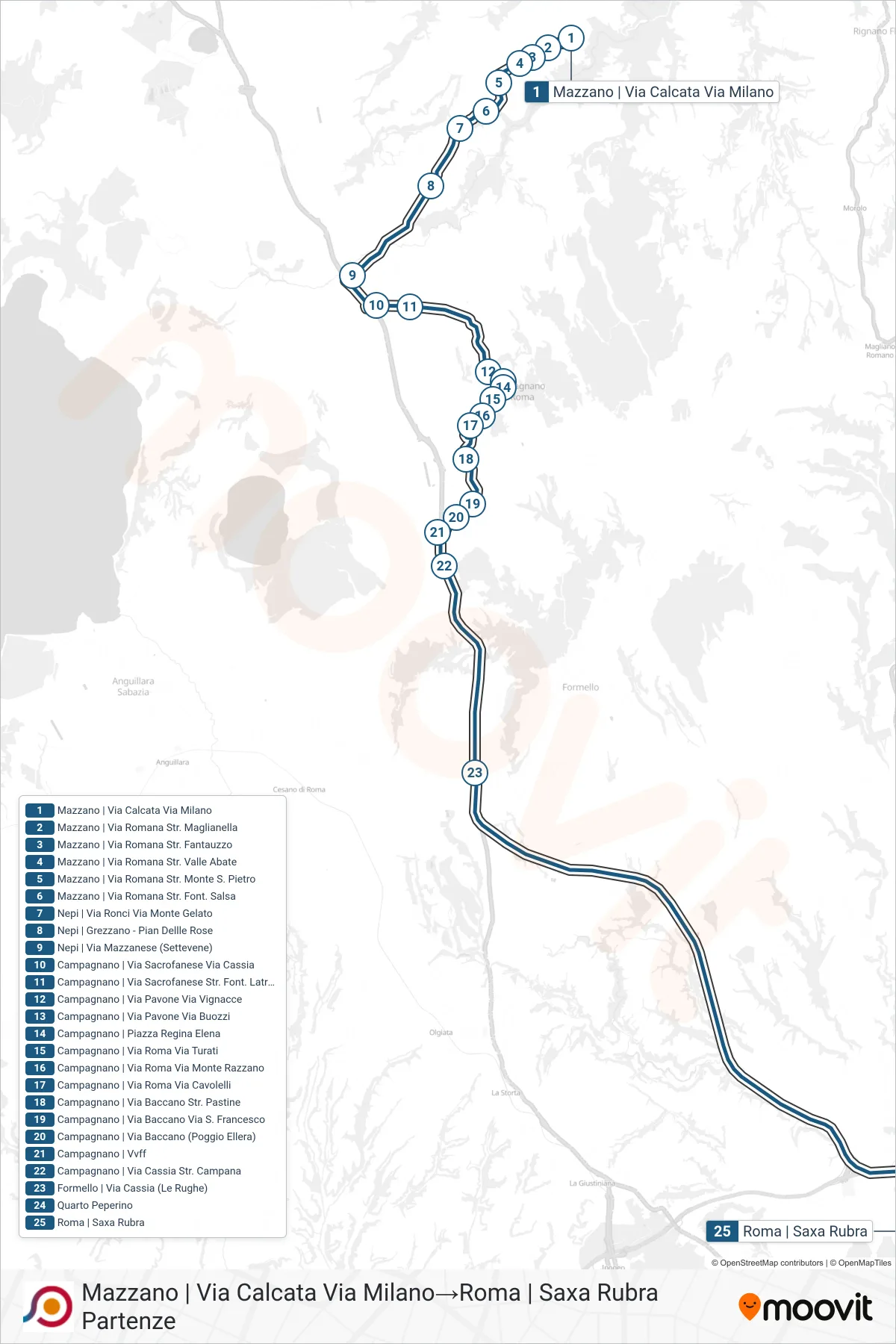 Linea COTRAL bus (Mazzano | Via Calcata Via Milano→Roma | Saxa Rubra Partenze) - Percorsi e fermate sulla mappa