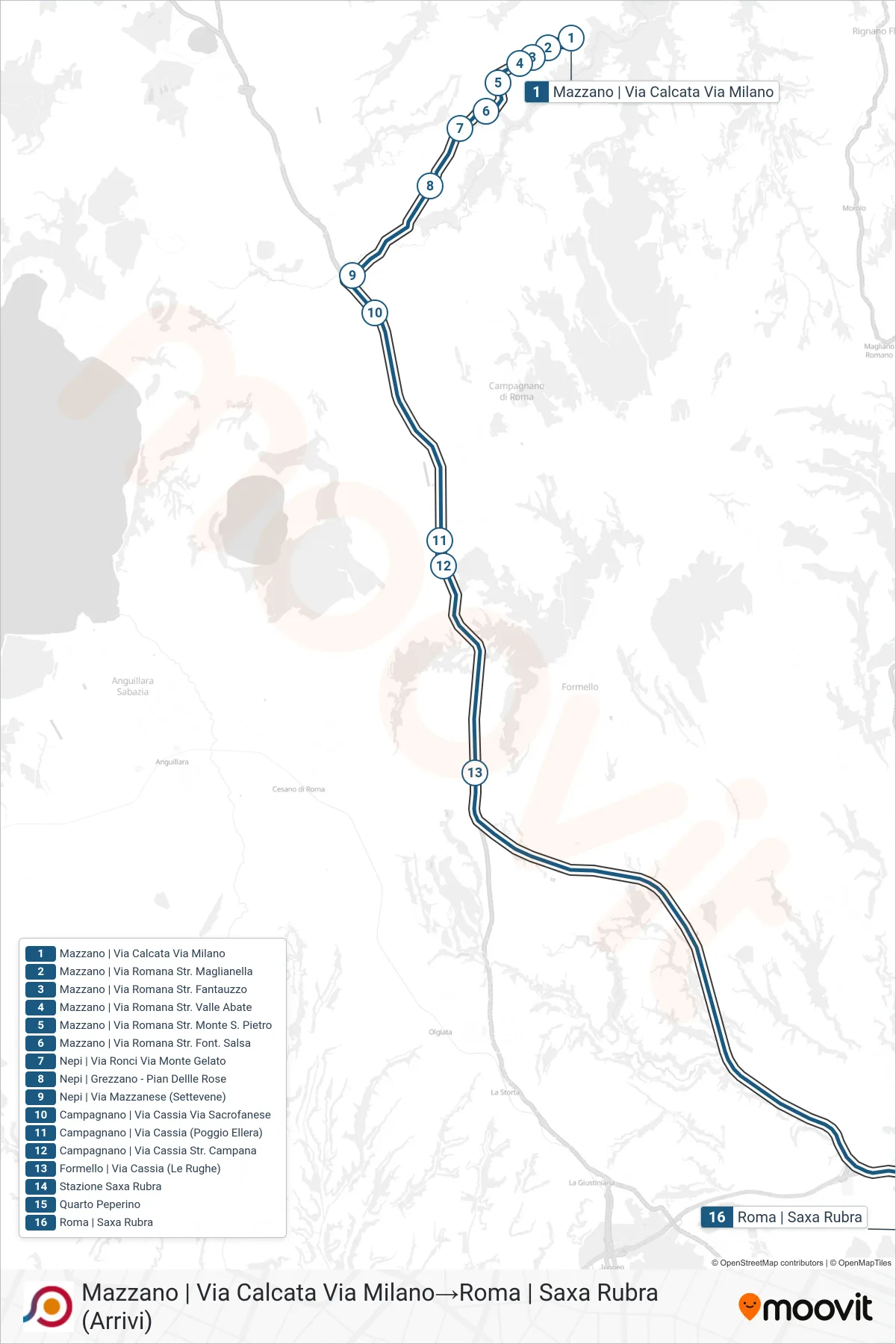 Linea COTRAL bus (Mazzano | Via Calcata Via Milano→Roma | Saxa Rubra (Arrivi)) - Percorsi e fermate sulla mappa