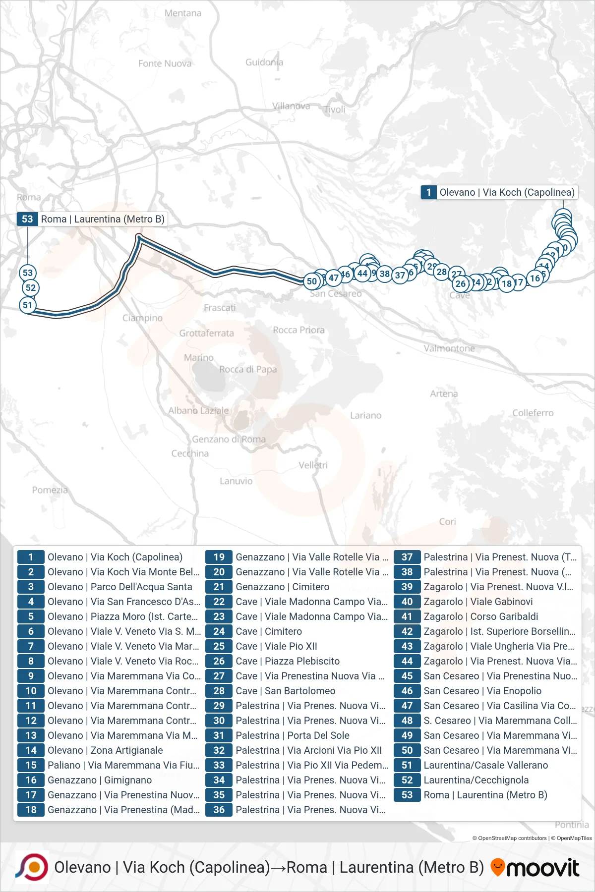 Linea COTRAL bus (Olevano | Via Koch (Capolinea)→Roma | Laurentina (Metro B)) - Percorsi e fermate sulla mappa