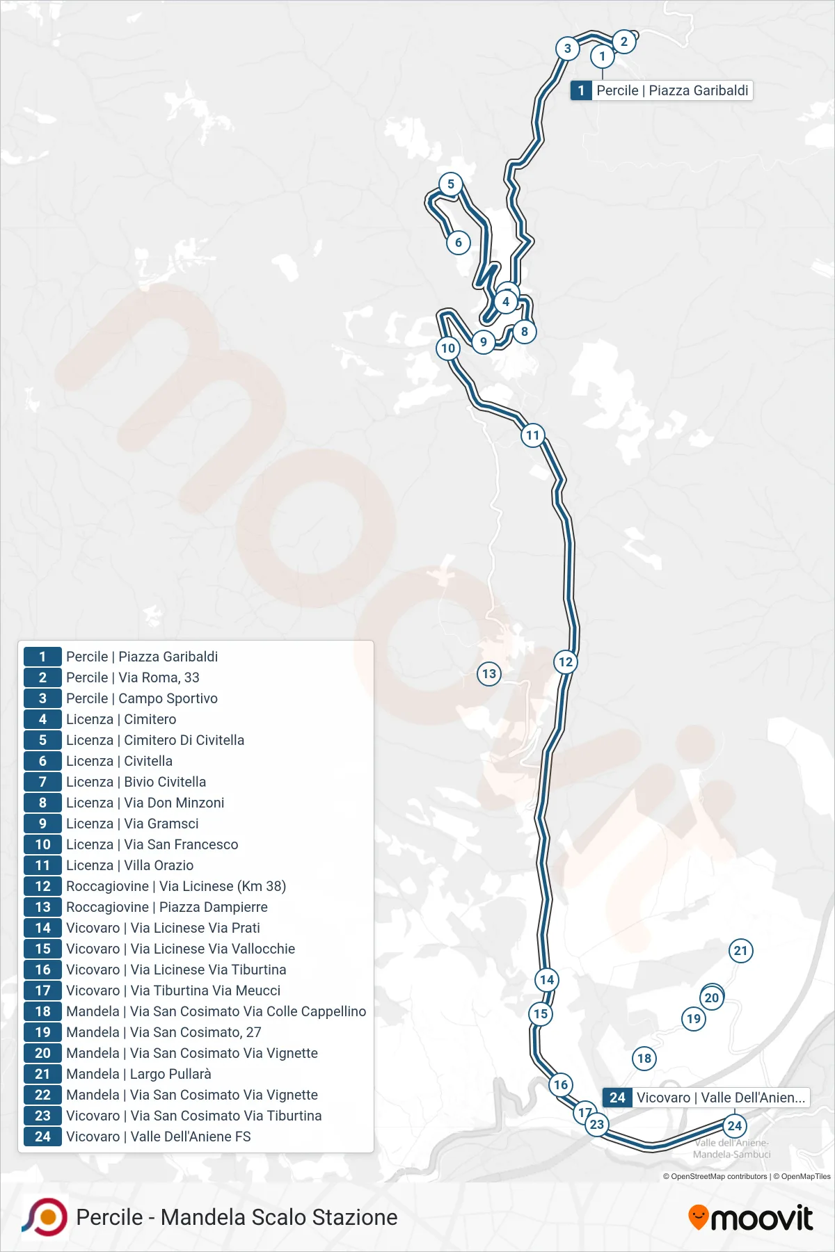 Linea COTRAL bus (Percile | Piazza Garibaldi→Vicovaro | Valle Dell'Aniene FS) - Percorsi e fermate sulla mappa