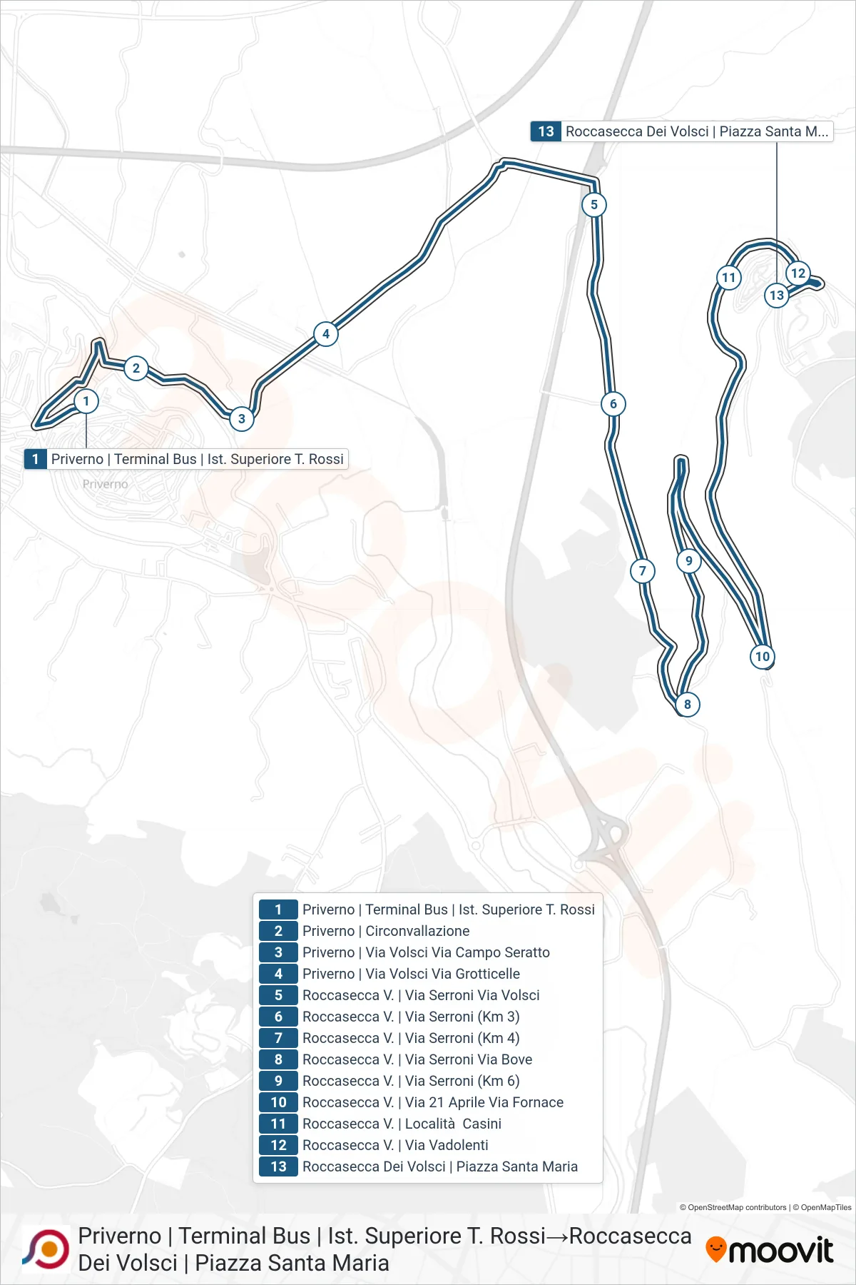 Linea COTRAL  bus (Priverno | Terminal Bus | Ist. Superiore T. Rossi‎→Roccasecca Dei Volsci | Piazza Santa Maria) - Percorsi e fermate sulla mappa