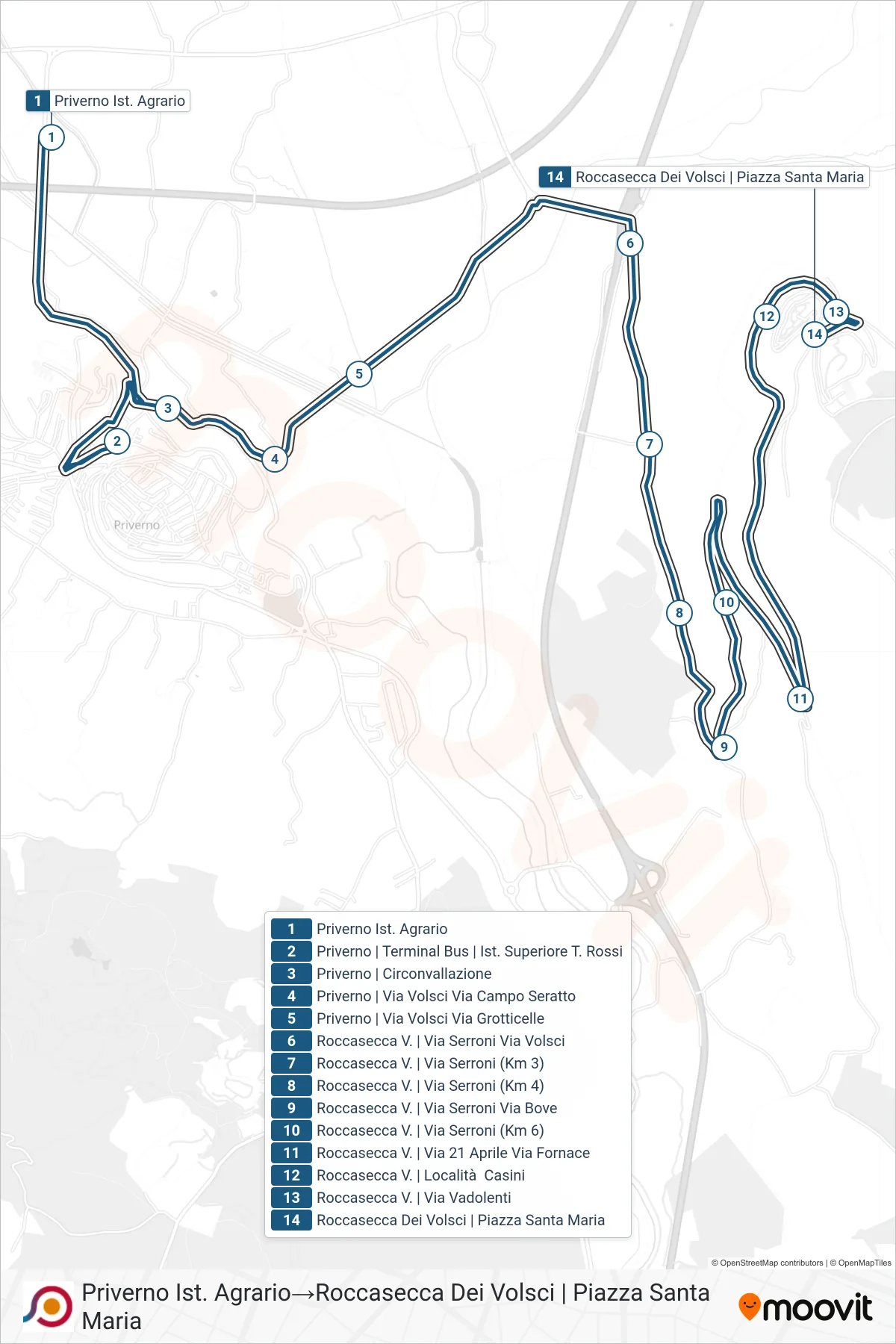 Linea COTRAL bus (Priverno Ist. Agrario→Roccasecca Dei Volsci | Piazza Santa Maria) - Percorsi e fermate sulla mappa