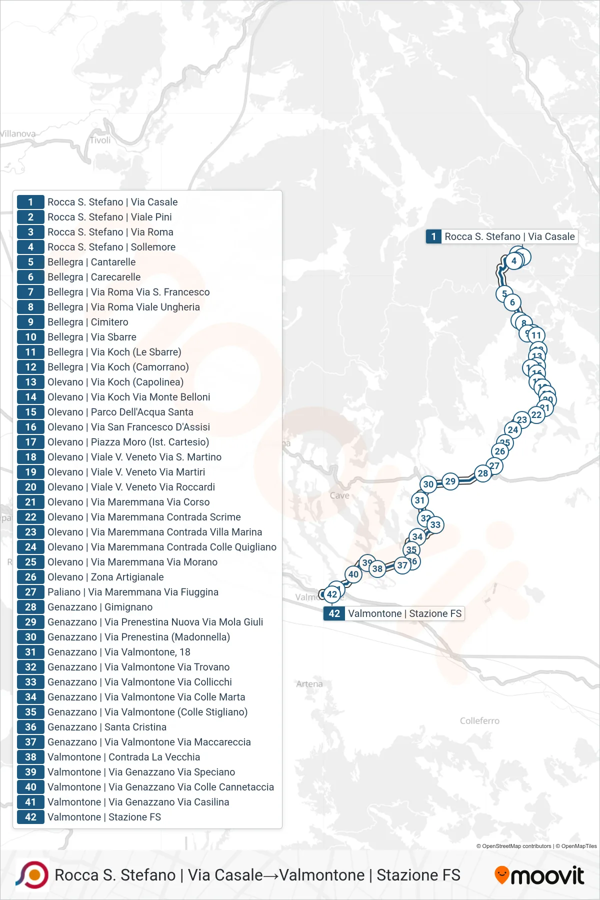 Linea COTRAL bus (Rocca S. Stefano | Via Casale→Valmontone | Stazione FS) - Percorsi e fermate sulla mappa