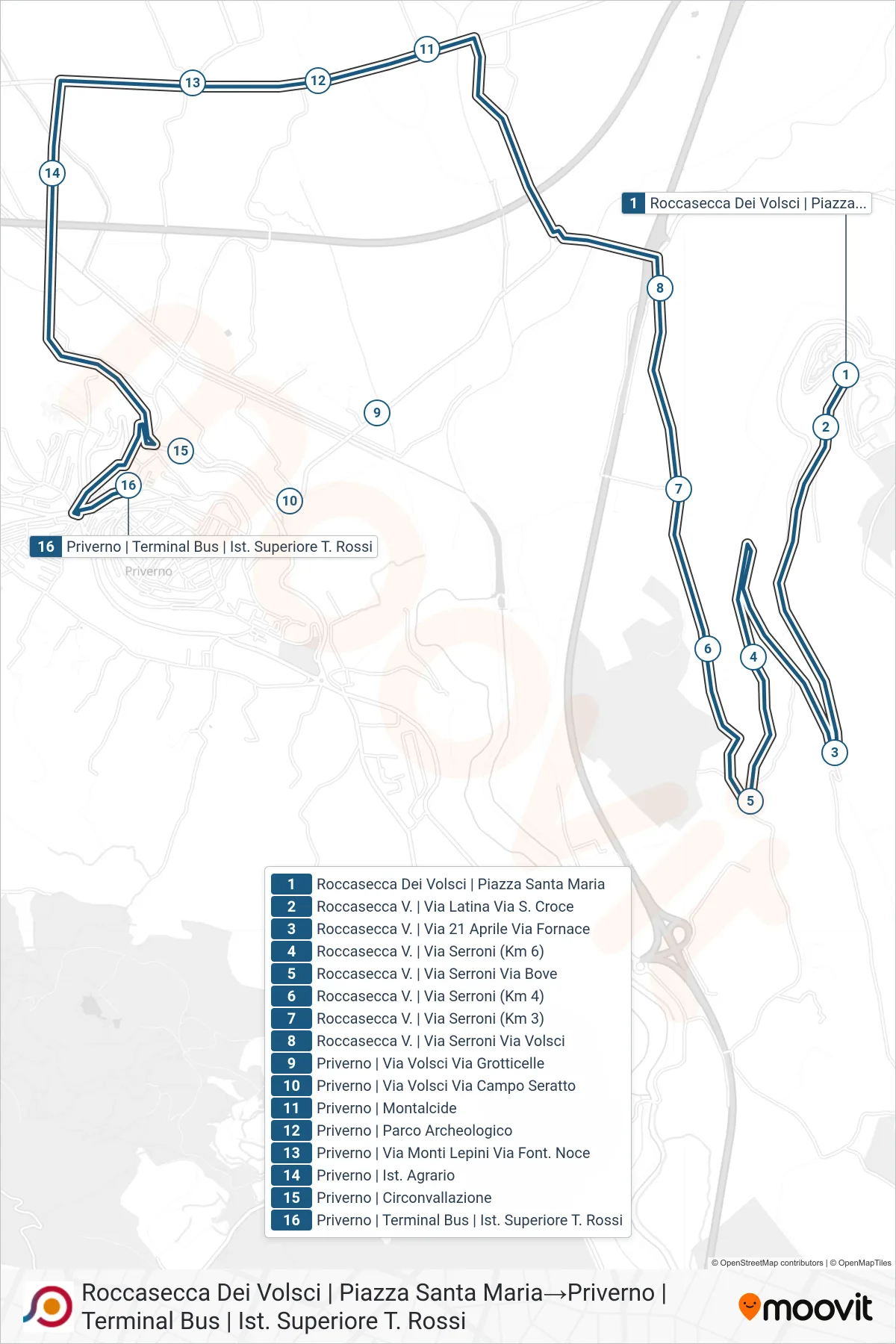Linea COTRAL bus (Roccasecca Dei Volsci | Piazza Santa Maria→Priverno | Terminal Bus | Ist. Superiore T. Rossi) - Percorsi e fermate sulla mappa