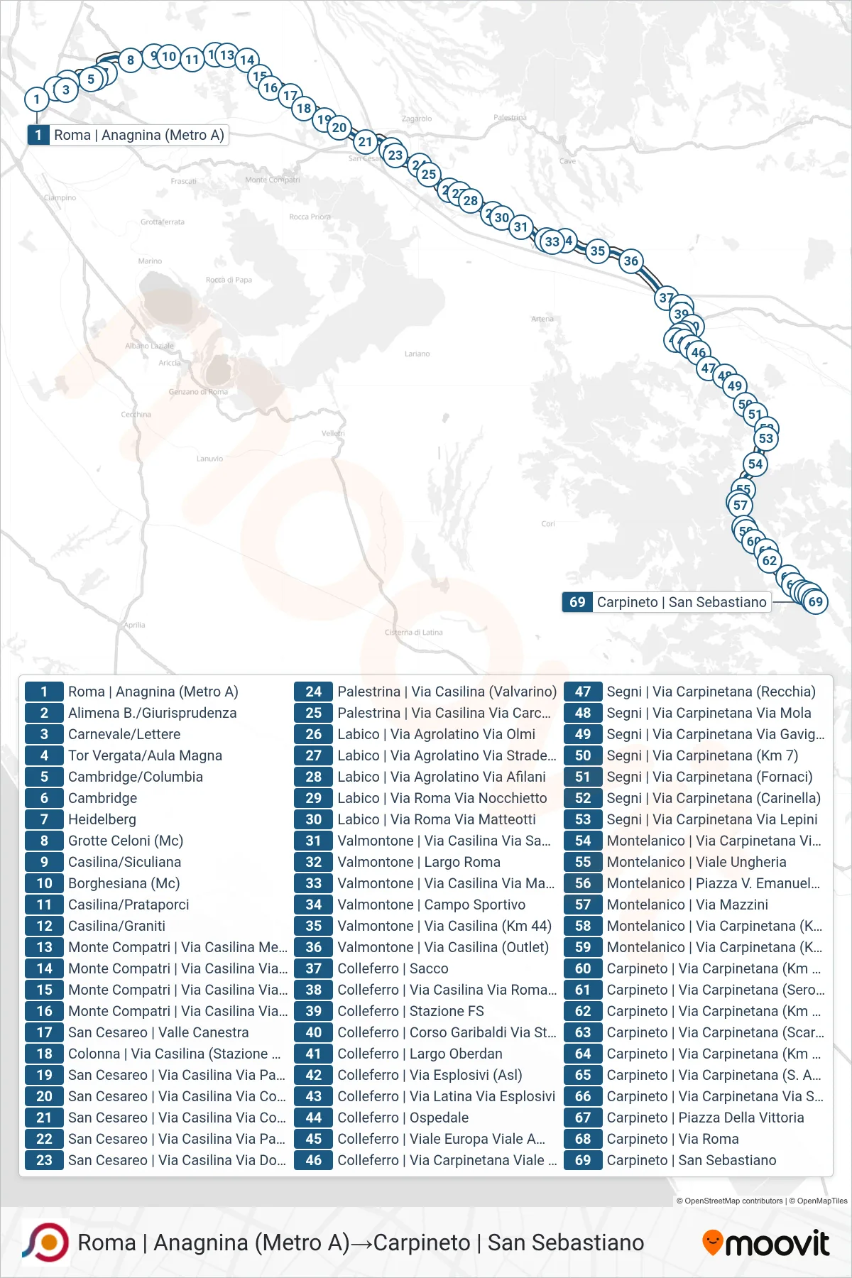 Linea COTRAL bus (Roma | Anagnina (Metro A)→Carpineto | San Sebastiano) - Percorsi e fermate sulla mappa