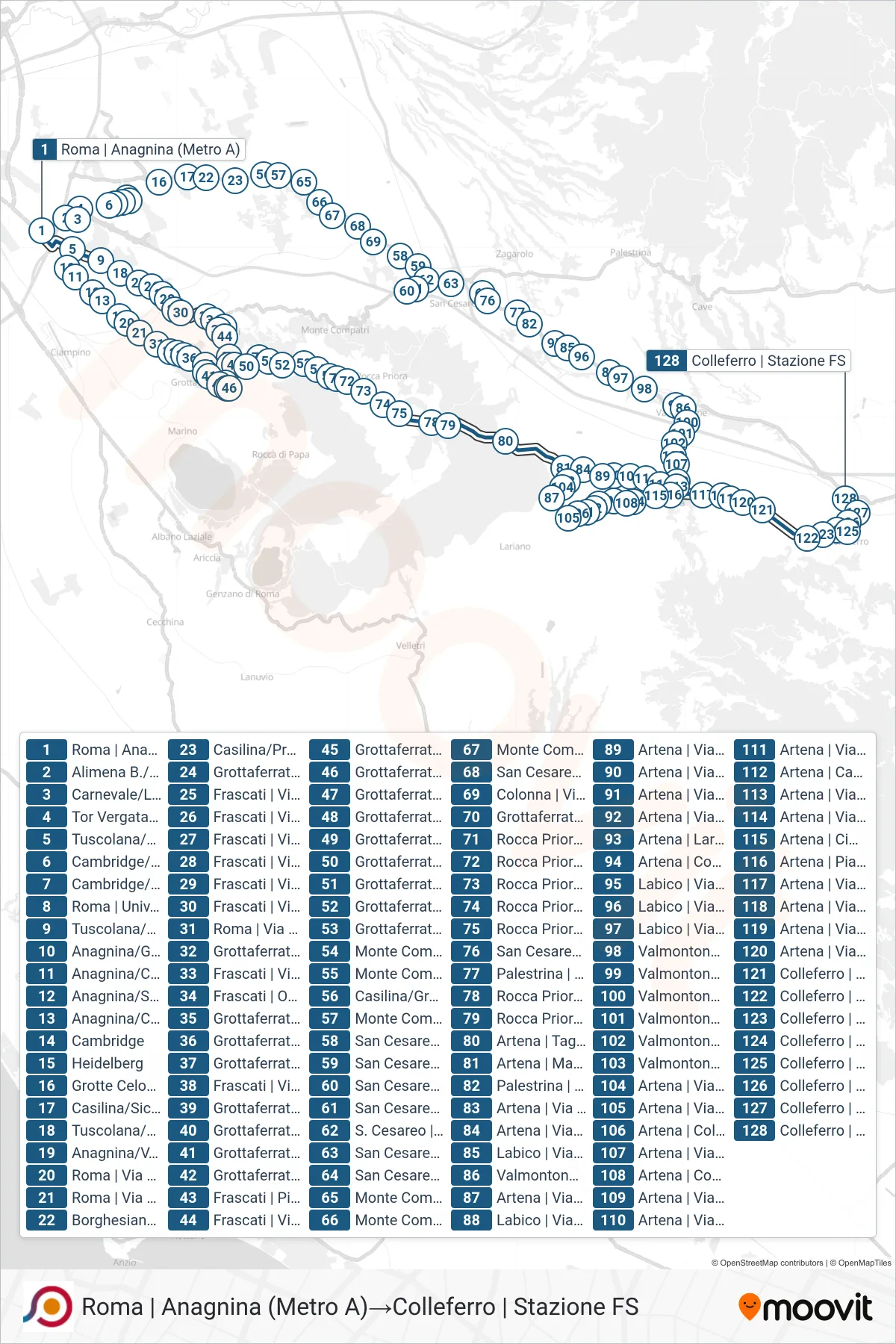 Linea COTRAL bus (Roma | Anagnina (Metro A)→Colleferro | Stazione FS) - Percorsi e fermate sulla mappa