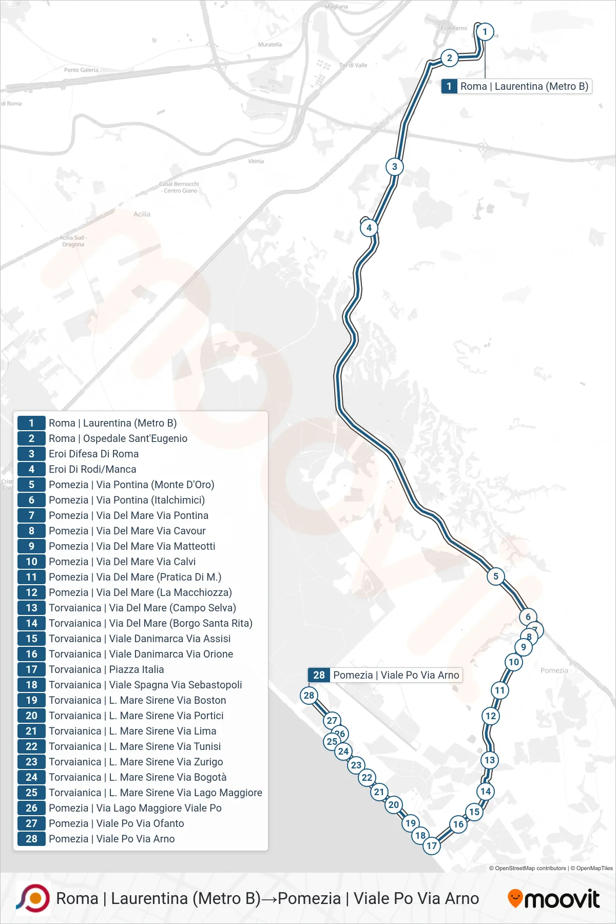 Linea COTRAL  bus (Roma | Laurentina (Metro B)‎→Pomezia | Viale Po Via Arno) - Percorsi e fermate sulla mappa