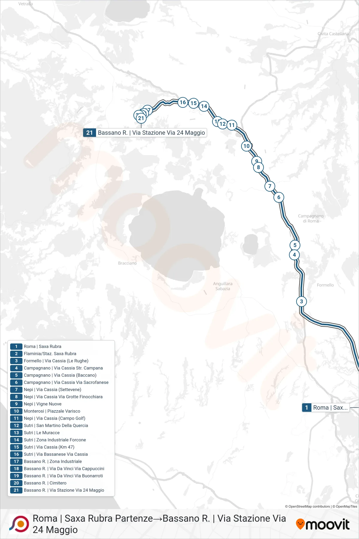 Linea COTRAL bus (Roma | Saxa Rubra Partenze→Bassano R. | Via Stazione Via 24 Maggio) - Percorsi e fermate sulla mappa