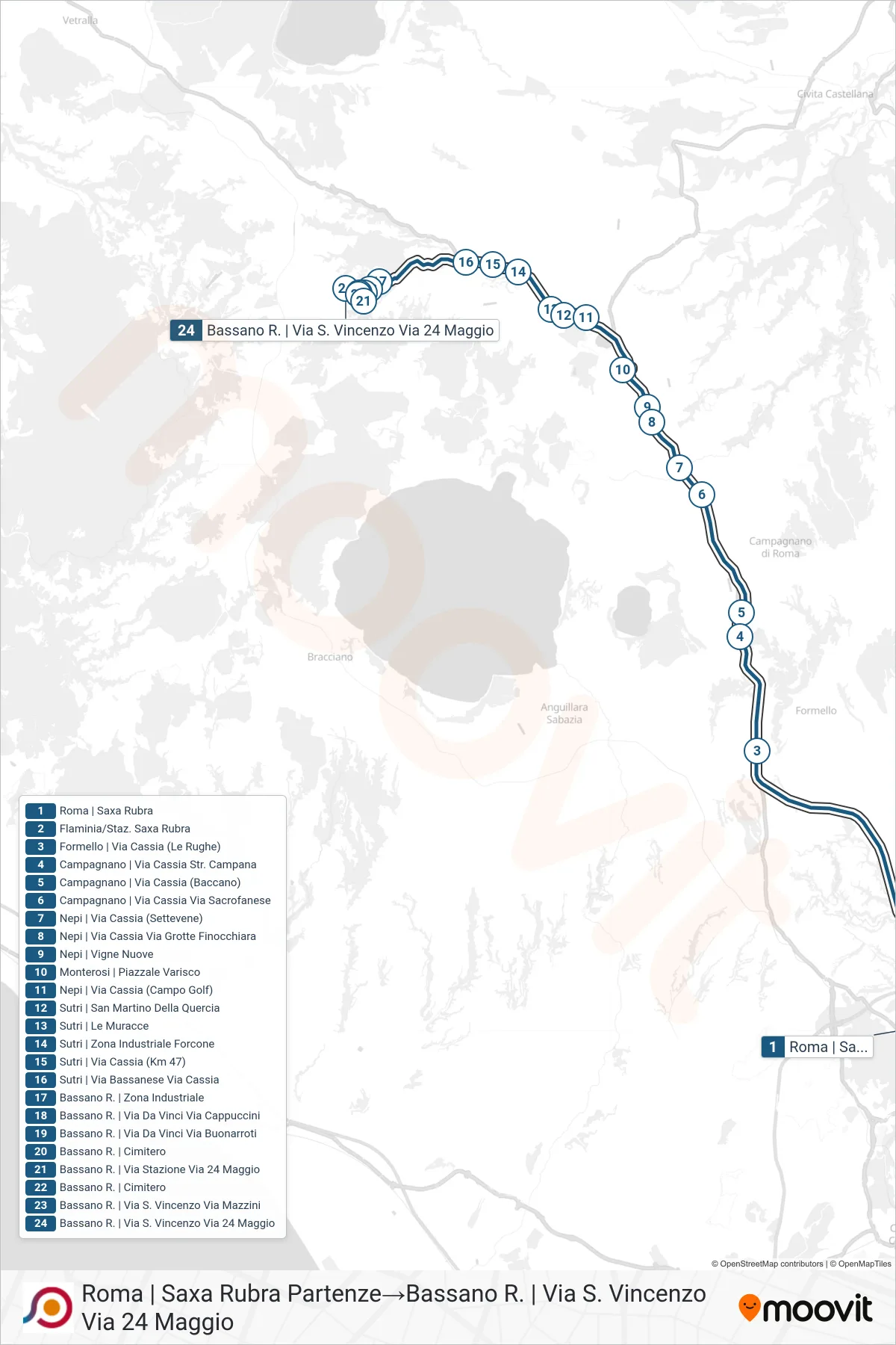 Linea COTRAL bus (Roma | Saxa Rubra Partenze→Bassano R. | Via S. Vincenzo Via 24 Maggio) - Percorsi e fermate sulla mappa