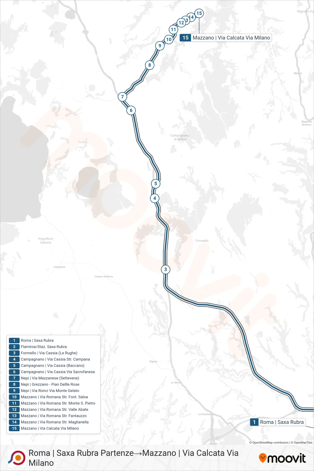 Linea COTRAL bus (Roma | Saxa Rubra Partenze→Mazzano | Via Calcata Via Milano) - Percorsi e fermate sulla mappa
