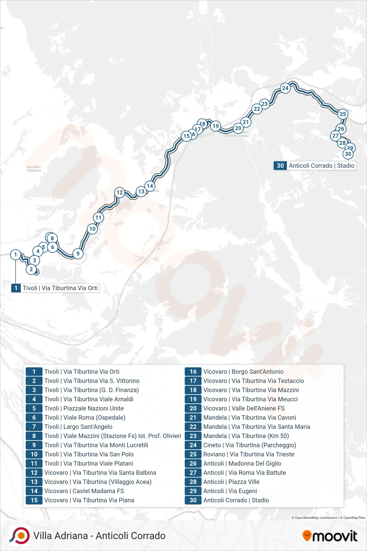 Linea COTRAL bus (Tivoli | Via Tiburtina Via Orti→Anticoli Corrado | Stadio) - Percorsi e fermate sulla mappa