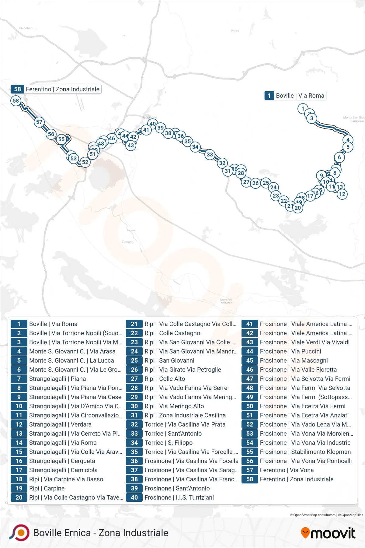 Linea COTRAL  bus (Boville | Via Roma‎→Ferentino | Zona Industriale) - Percorsi e fermate sulla mappa