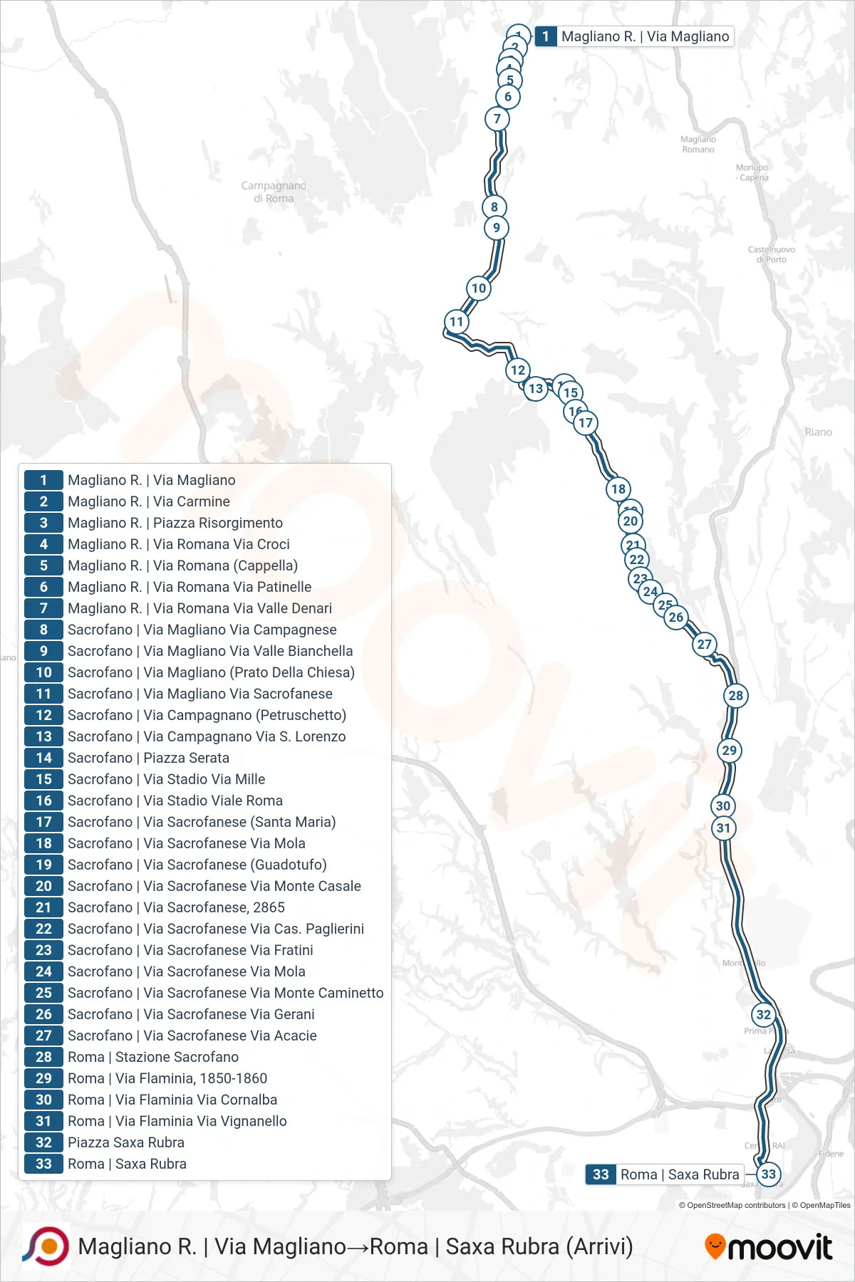 Linea COTRAL bus (Magliano R. | Via Magliano→Roma | Saxa Rubra (Arrivi)) - Percorsi e fermate sulla mappa