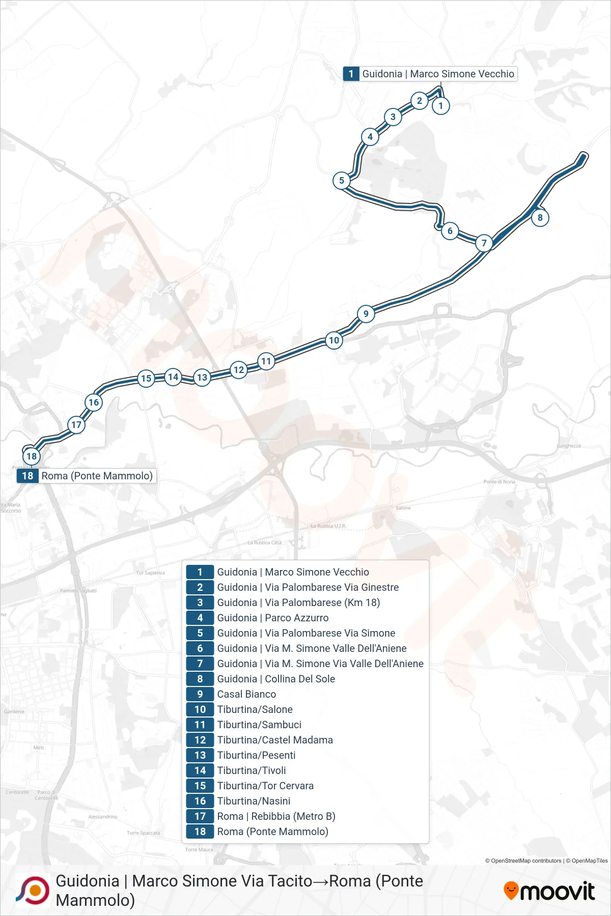 Linea COTRAL bus (Guidonia | Marco Simone Via Tacito→Roma (Ponte Mammolo)) - Percorsi e fermate sulla mappa