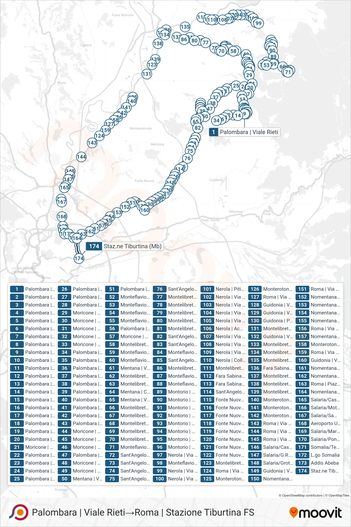 Linea COTRAL  bus (Palombara | Viale Rieti‎→Roma | Stazione Tiburtina FS) - Percorsi e fermate sulla mappa