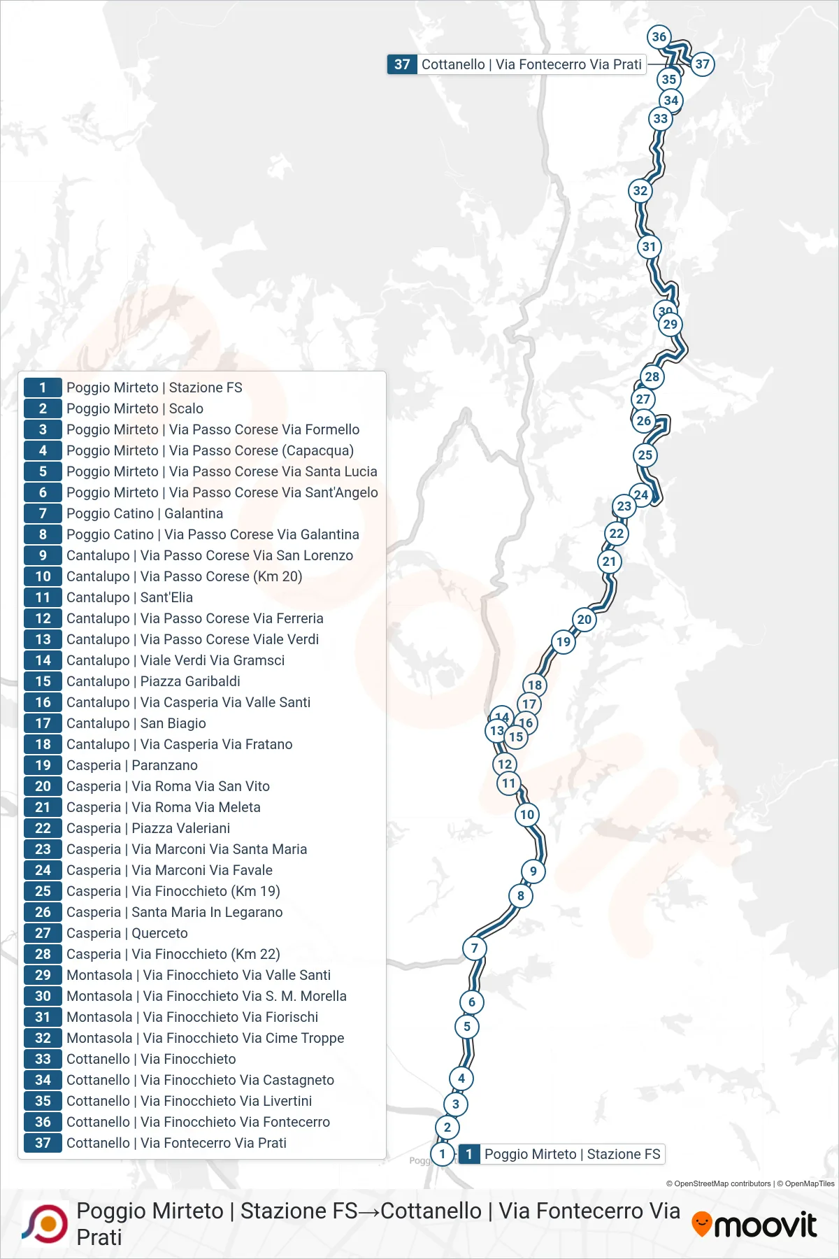 Linea COTRAL  bus (Poggio Mirteto | Stazione FS‎→Cottanello | Via Fontecerro Via Prati) - Percorsi e fermate sulla mappa