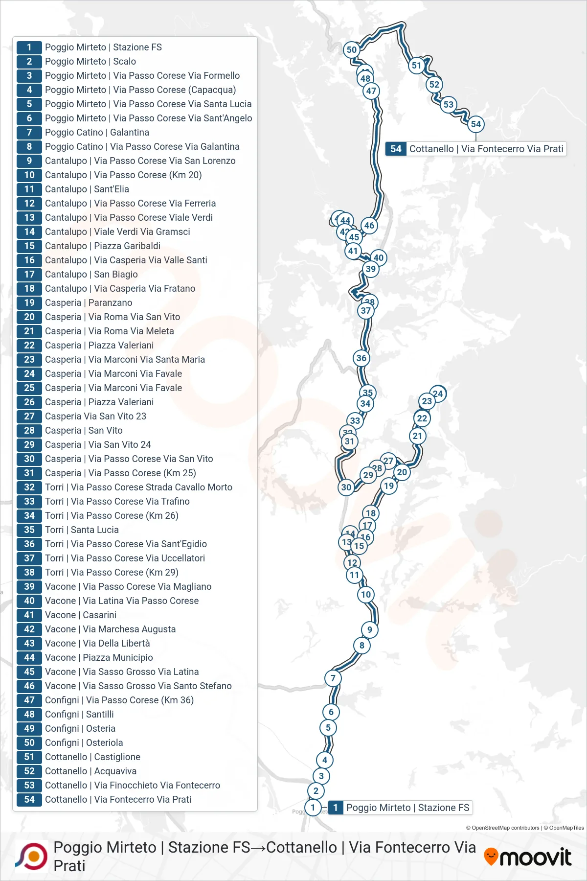 Linea COTRAL bus (Poggio Mirteto | Stazione FS→Cottanello | Via Fontecerro Via Prati) - Percorsi e fermate sulla mappa