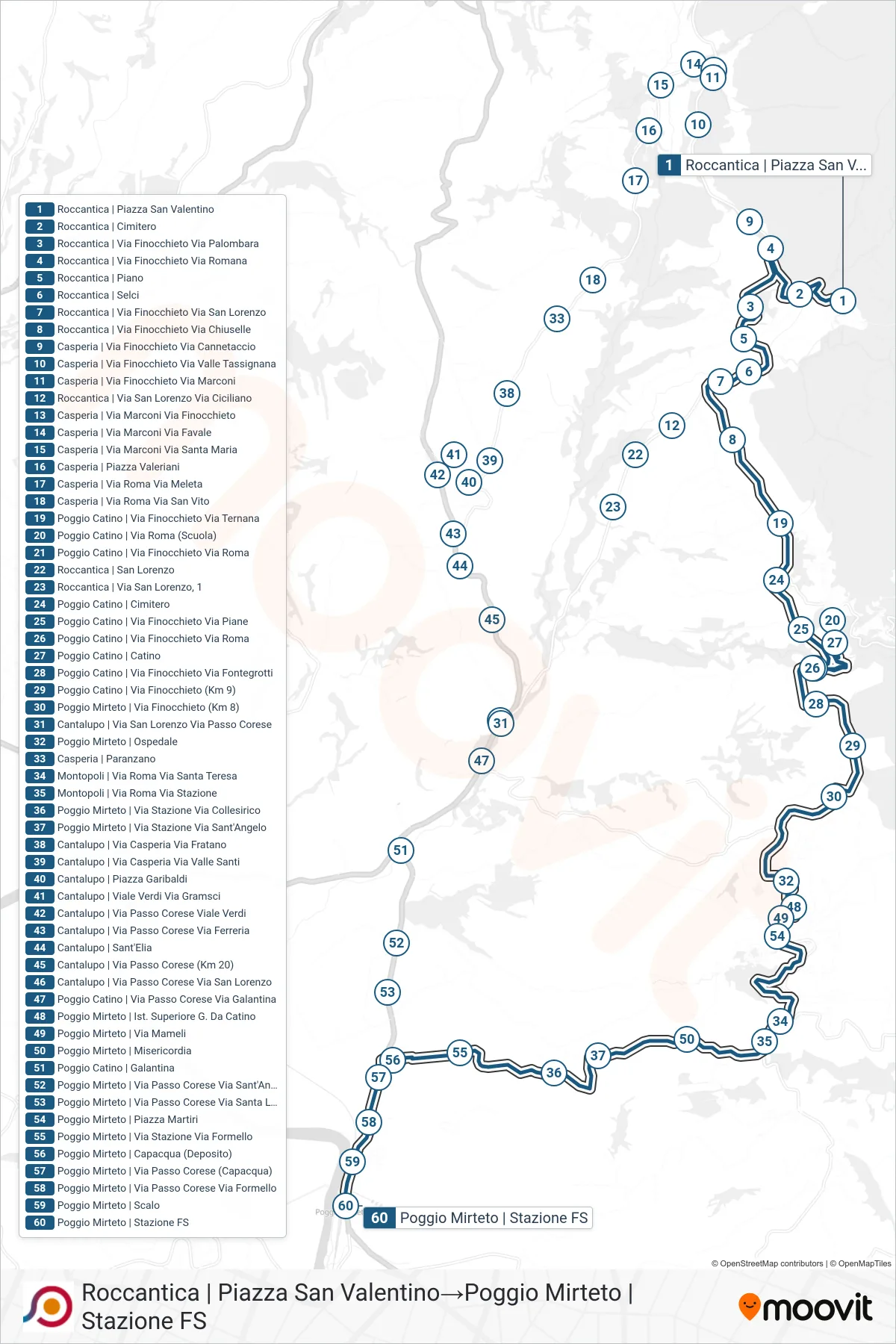 Linea COTRAL bus (Roccantica | Piazza San Valentino→Poggio Mirteto | Stazione FS) - Percorsi e fermate sulla mappa