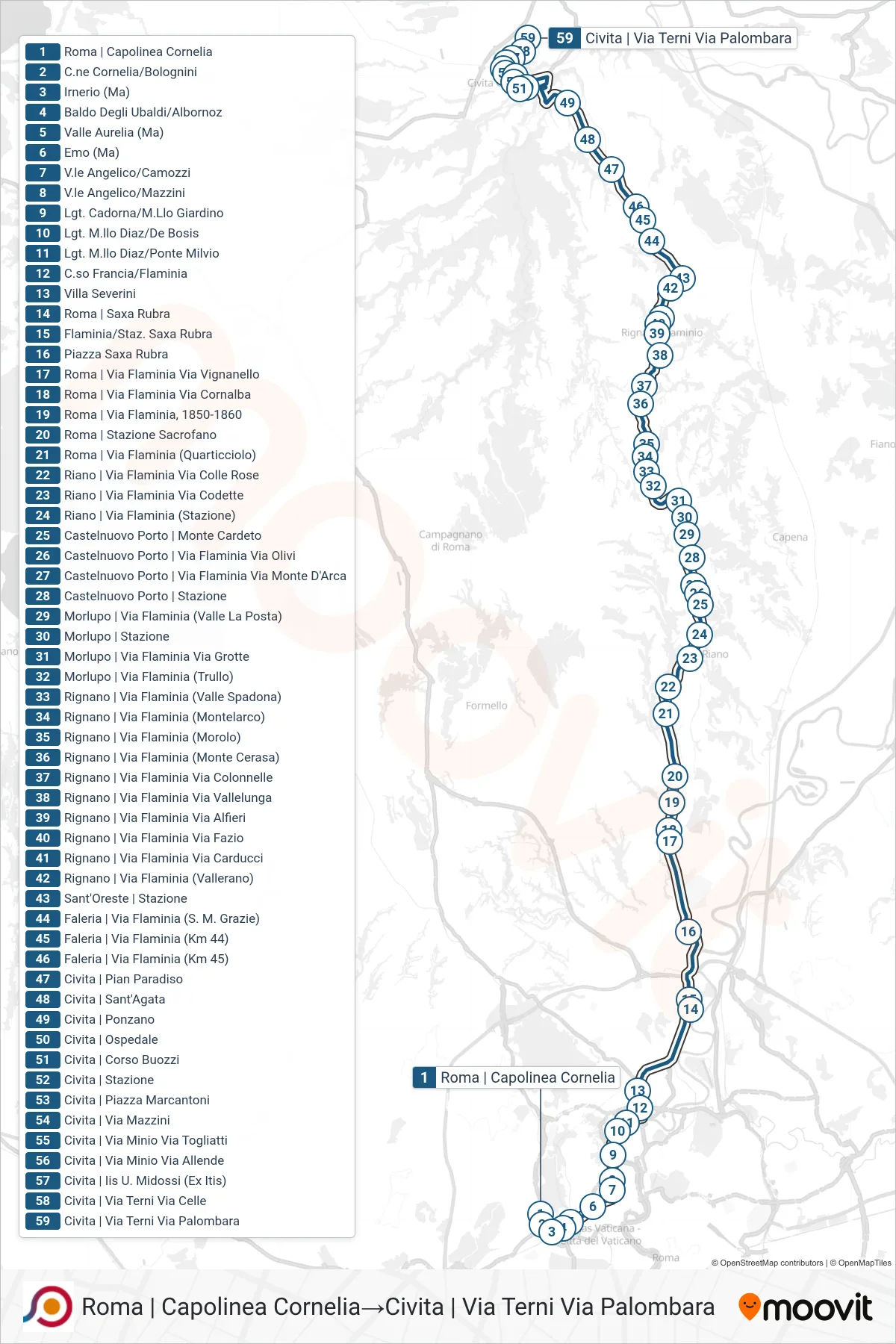 Linea COTRAL  bus (Roma | Capolinea Cornelia‎→Civita | Via Terni Via Palombara) - Percorsi e fermate sulla mappa