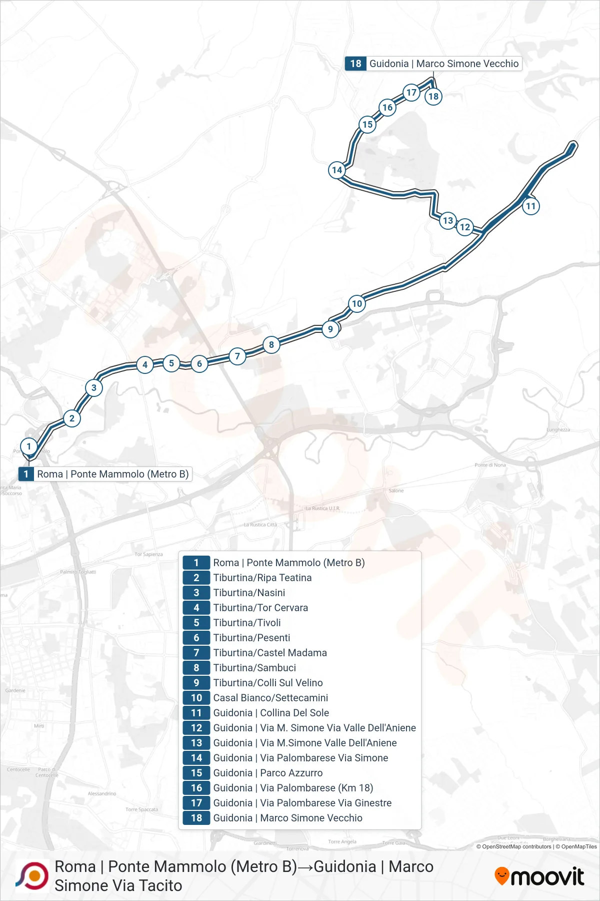Linea COTRAL bus (Roma | Ponte Mammolo (Metro B)→Guidonia | Marco Simone Via Tacito) - Percorsi e fermate sulla mappa