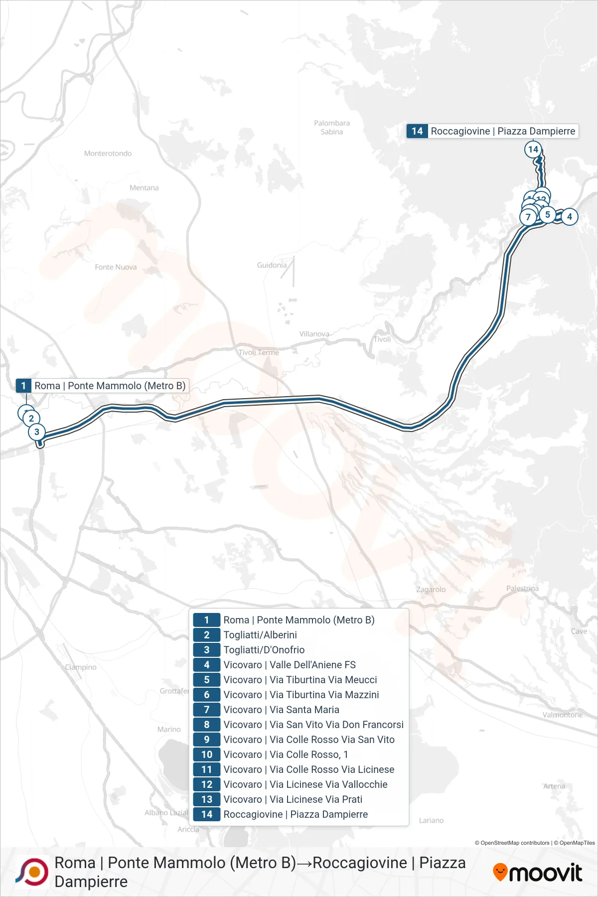 Linea COTRAL bus (Roma | Ponte Mammolo (Metro B)→Roccagiovine | Piazza Dampierre) - Percorsi e fermate sulla mappa
