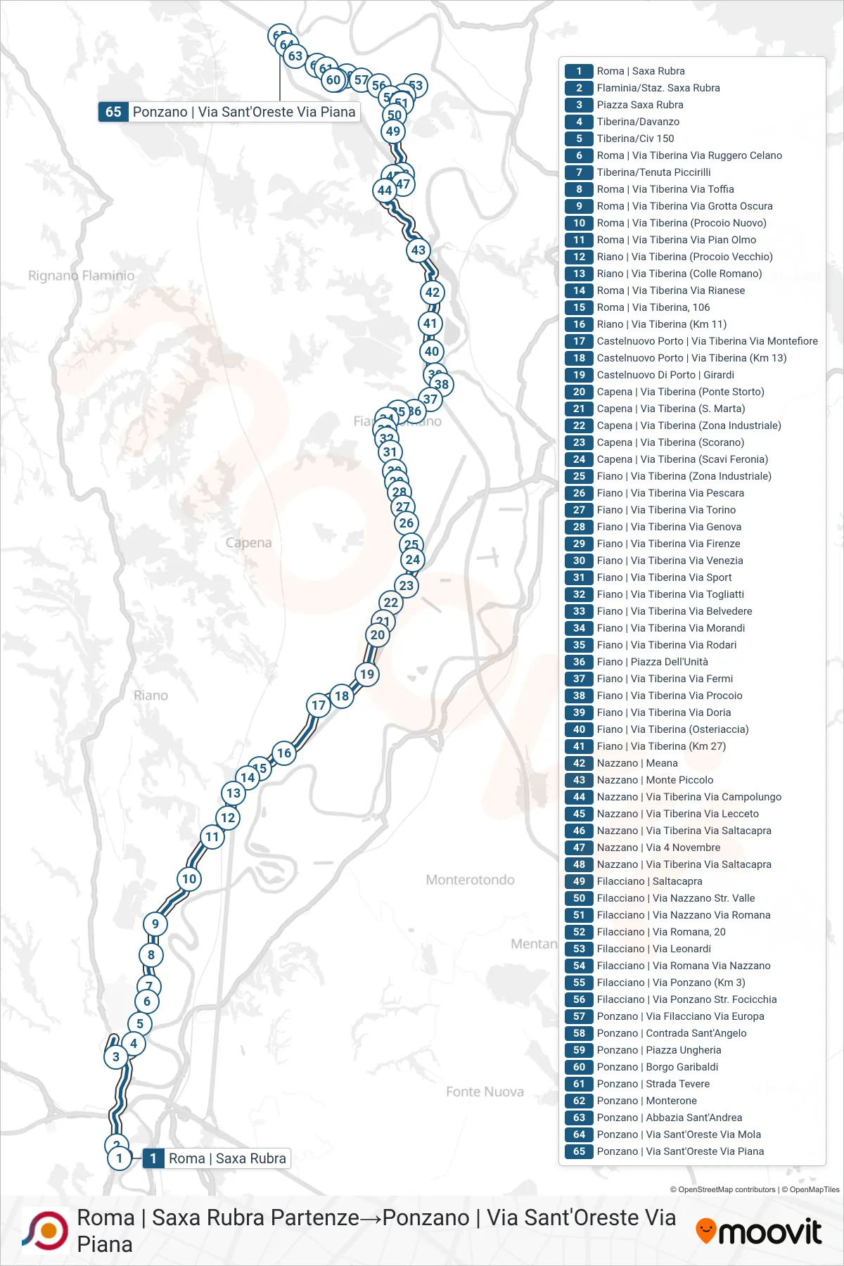 Linea COTRAL bus (Roma | Saxa Rubra Partenze→Ponzano | Via Sant'Oreste Via Piana) - Percorsi e fermate sulla mappa