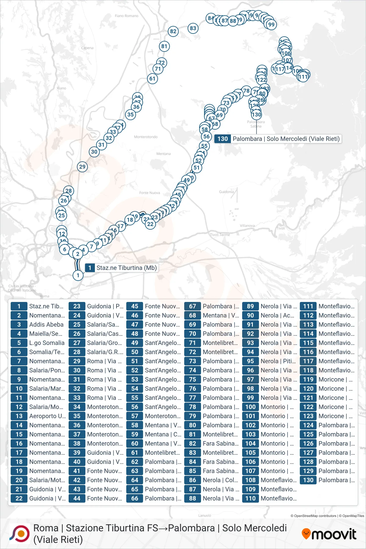 Linea COTRAL bus (Roma | Stazione Tiburtina FS→Palombara | Solo Mercoledi (Viale Rieti)) - Percorsi e fermate sulla mappa