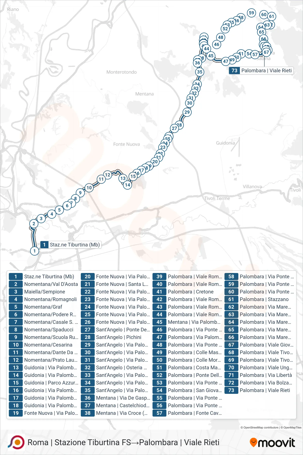 Linea COTRAL bus (Roma | Stazione Tiburtina FS→Palombara | Viale Rieti) - Percorsi e fermate sulla mappa