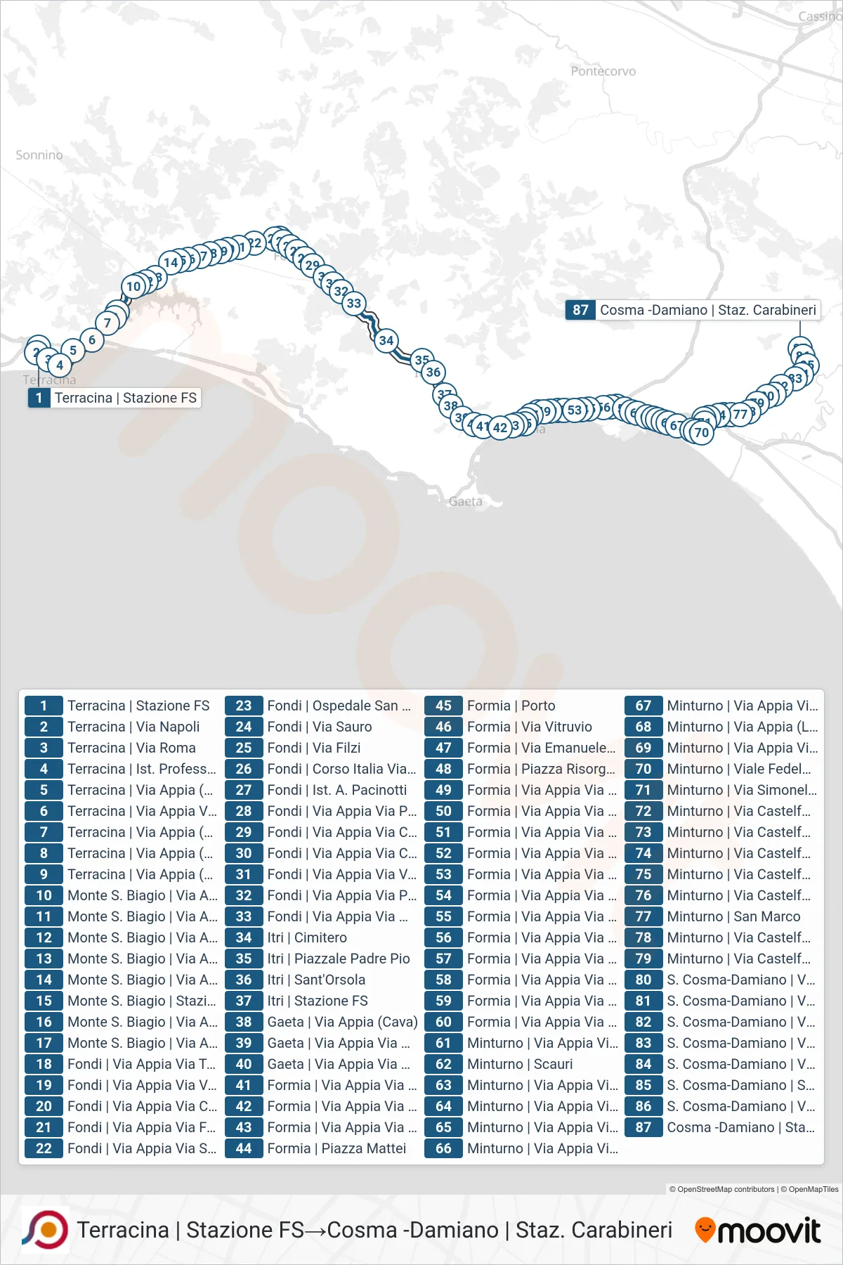 Linea COTRAL bus (Terracina | Stazione FS→Cosma -Damiano | Staz. Carabineri) - Percorsi e fermate sulla mappa
