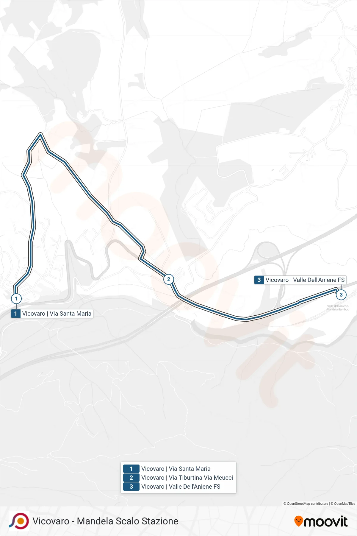 COTRAL bus Line (Vicovaro | Via Santa Maria→Vicovaro Valle Dell'Aniene Station) route and stops on a map