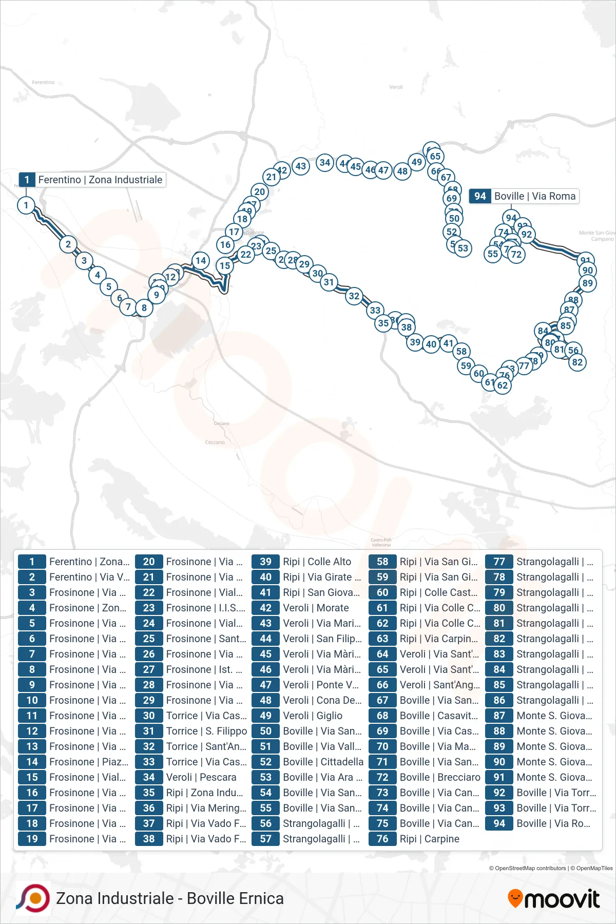 Linea COTRAL  bus (Ferentino | Zona Industriale‎→Boville | Via Roma) - Percorsi e fermate sulla mappa