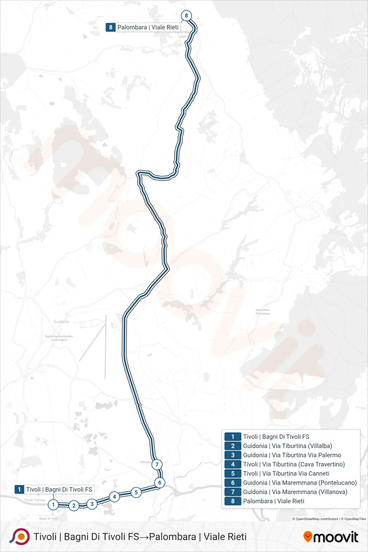 Linea COTRAL bus (Tivoli | Bagni Di Tivoli FS→Palombara | Viale Rieti) - Percorsi e fermate sulla mappa