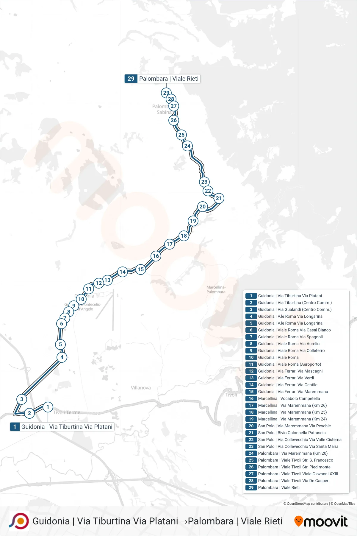 Linea COTRAL bus (Guidonia | Via Tiburtina Via Platani→Palombara | Viale Rieti) - Percorsi e fermate sulla mappa