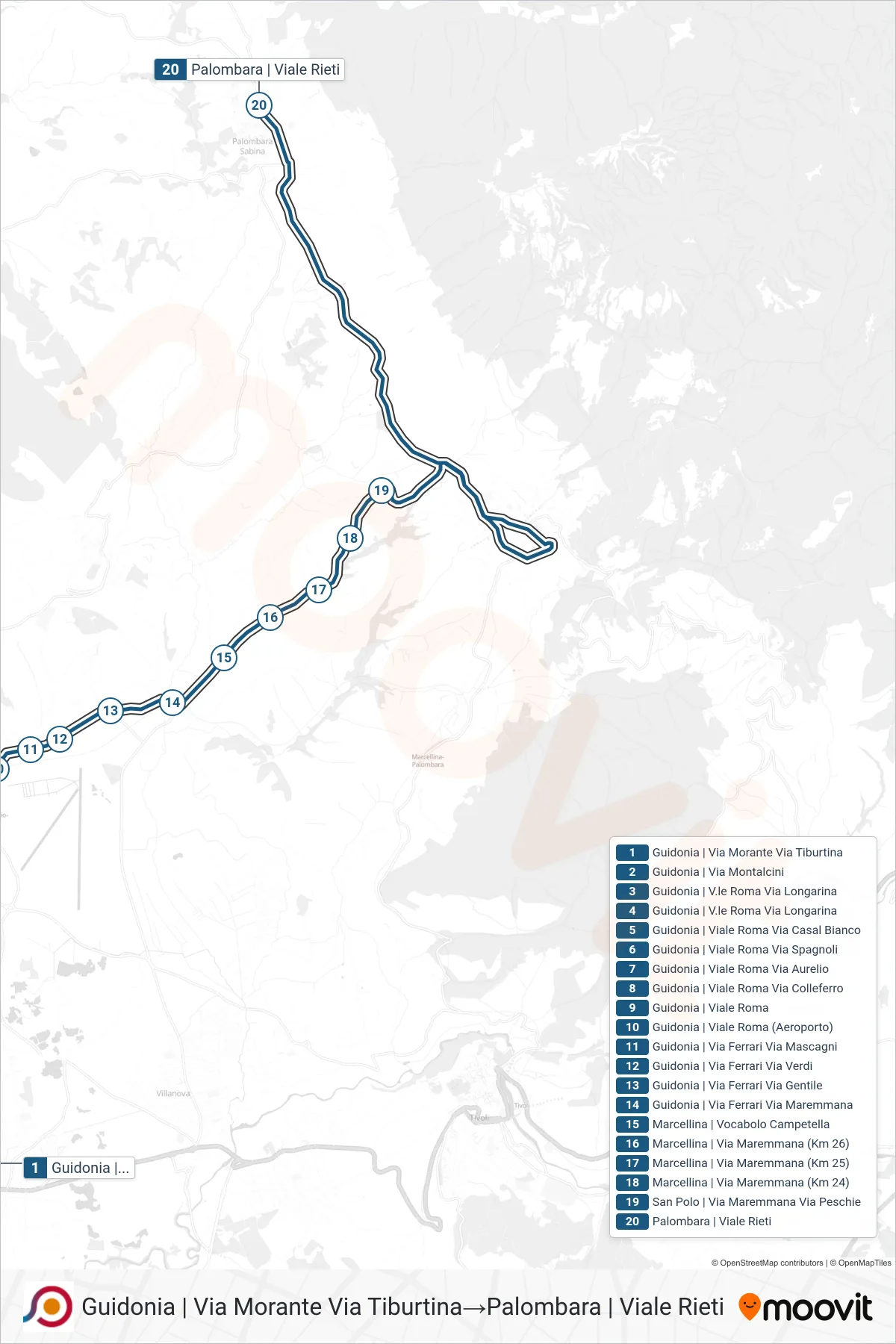 Linea COTRAL bus (Guidonia | Via Morante Via Tiburtina→Palombara | Viale Rieti) - Percorsi e fermate sulla mappa