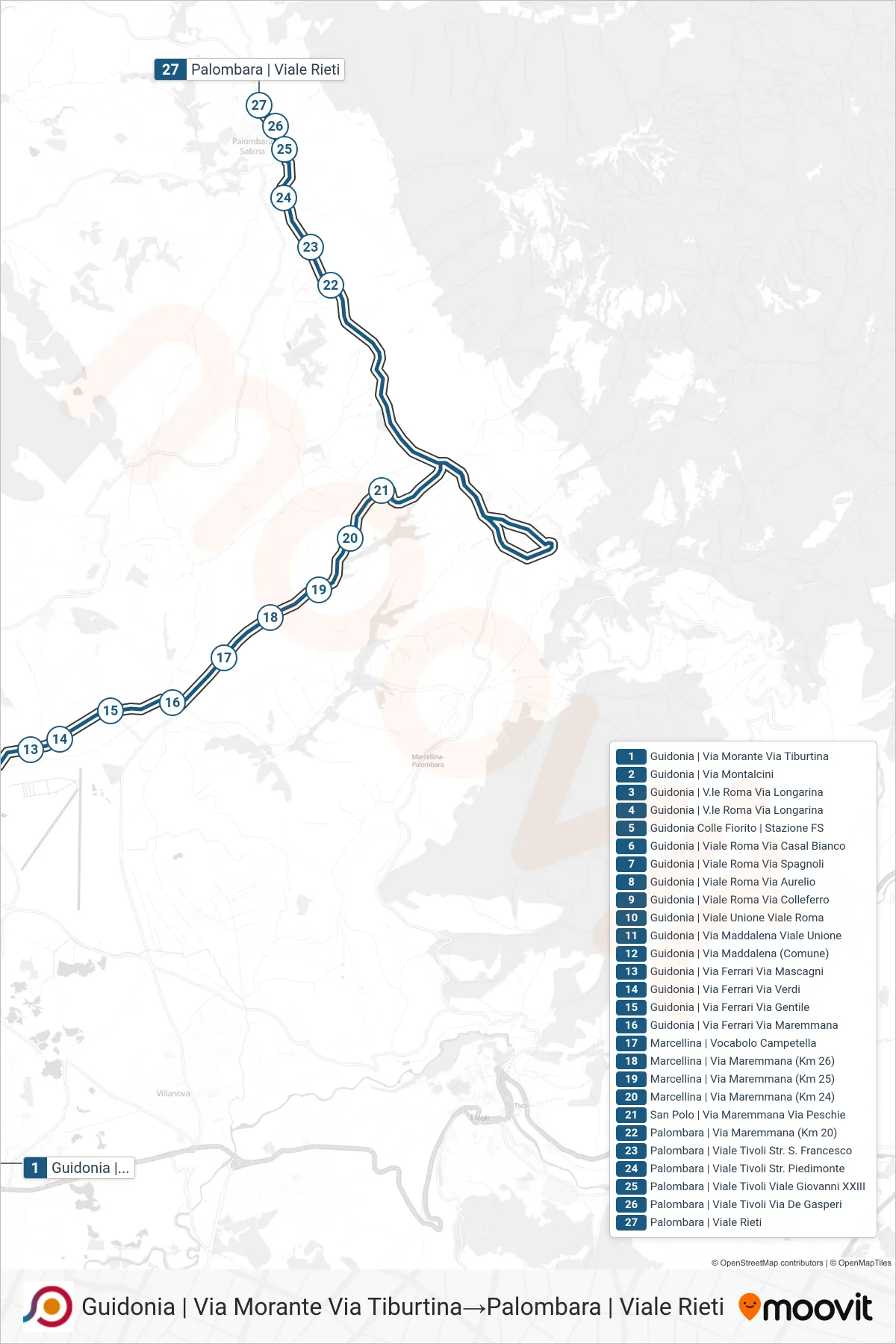 Linea COTRAL bus (Guidonia | Via Morante Via Tiburtina→Palombara | Viale Rieti) - Percorsi e fermate sulla mappa