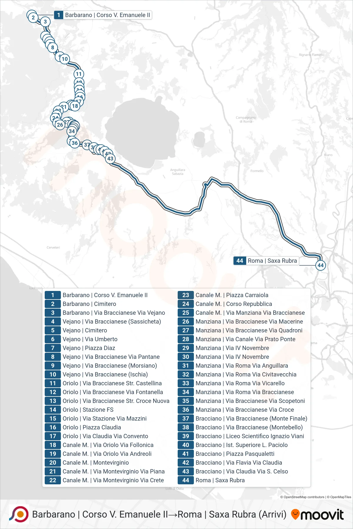Linea COTRAL bus (Barbarano | Corso V. Emanuele II→Roma | Saxa Rubra (Arrivi)) - Percorsi e fermate sulla mappa