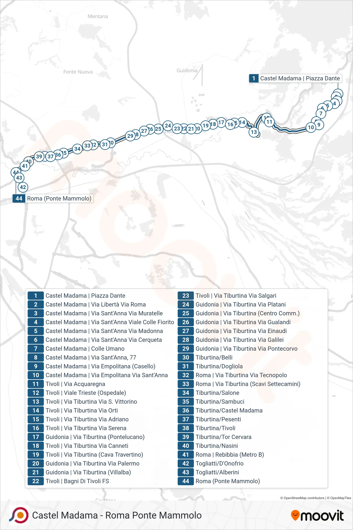 Linea COTRAL bus (Castel Madama | Piazza Dante→Roma (Ponte Mammolo)) - Percorsi e fermate sulla mappa