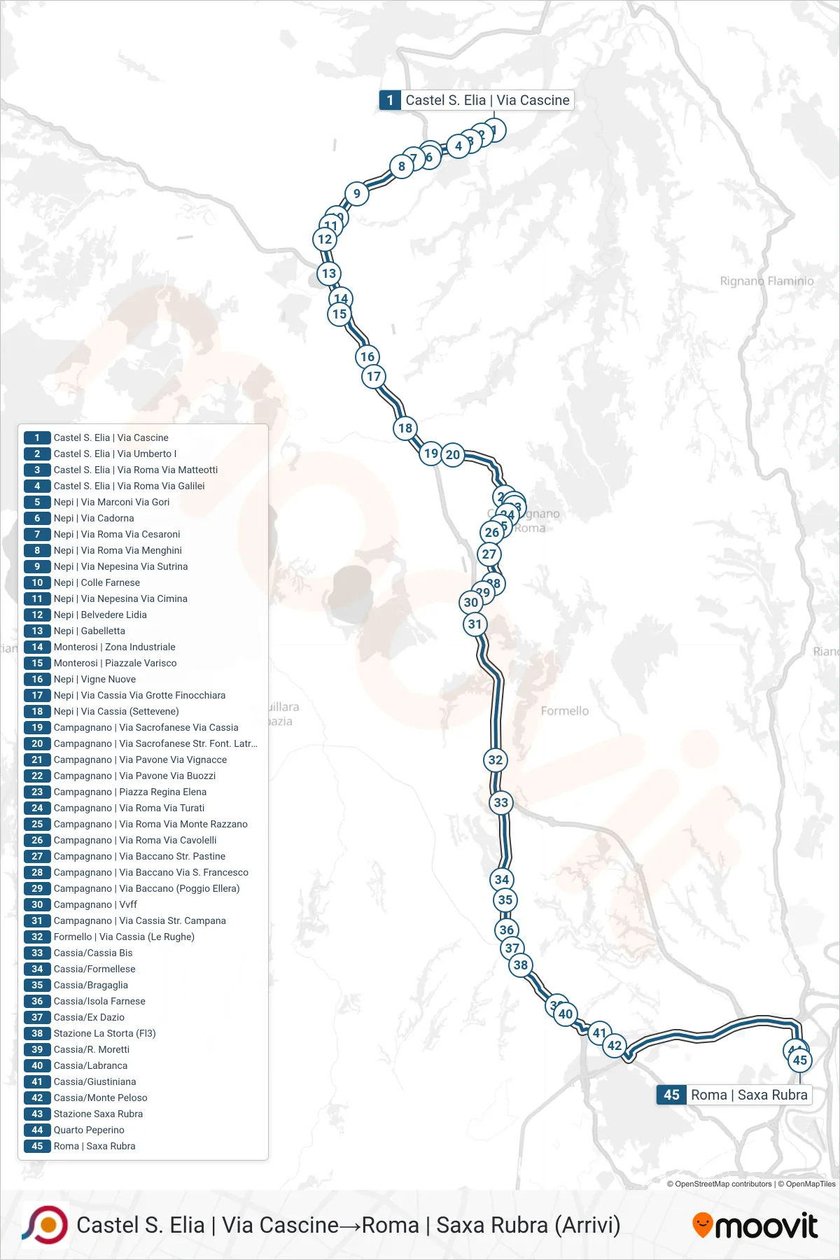 Linea COTRAL bus (Castel S. Elia | Via Cascine→Roma | Saxa Rubra (Arrivi)) - Percorsi e fermate sulla mappa