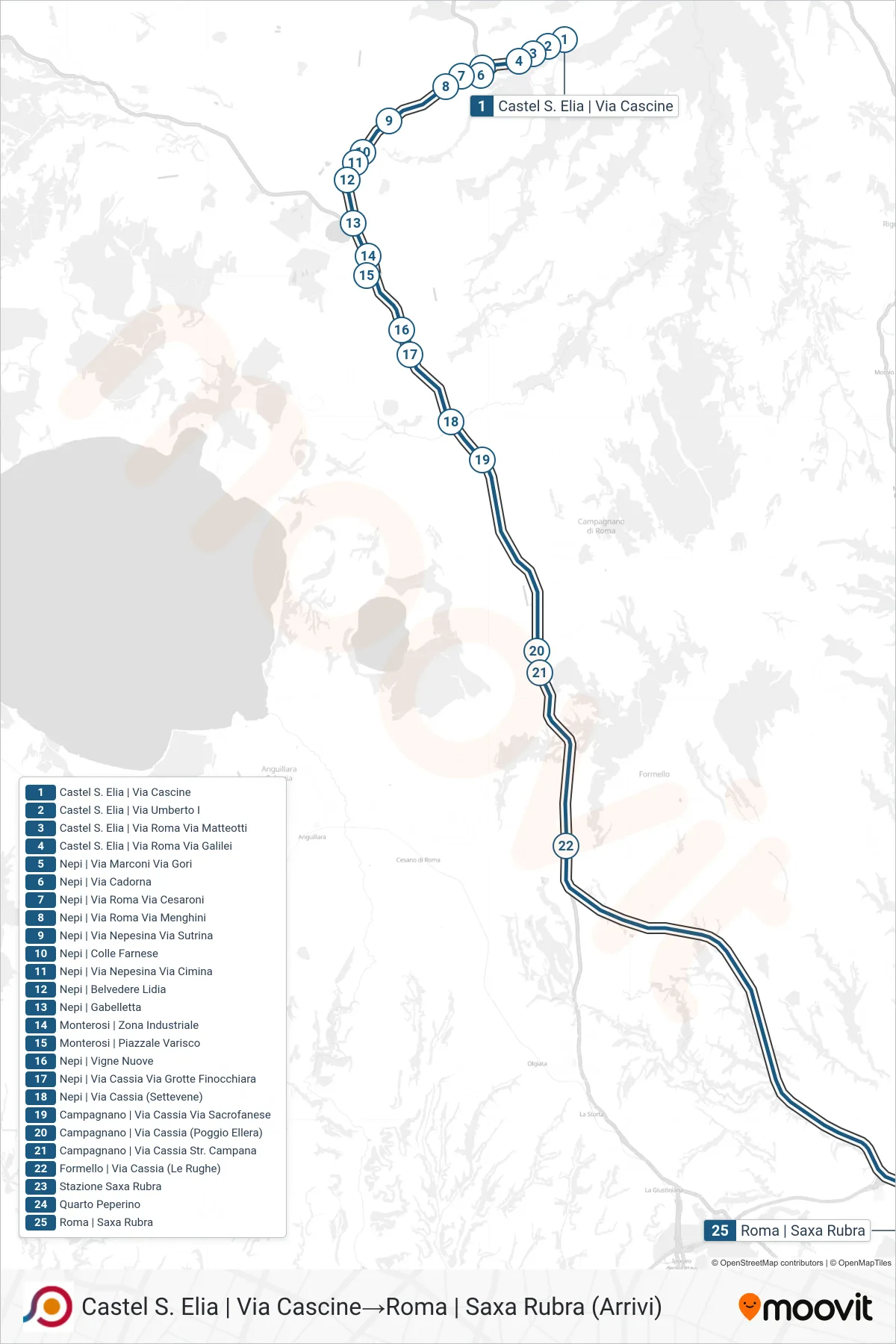 Linea COTRAL bus (Castel S. Elia | Via Cascine→Roma | Saxa Rubra (Arrivi)) - Percorsi e fermate sulla mappa