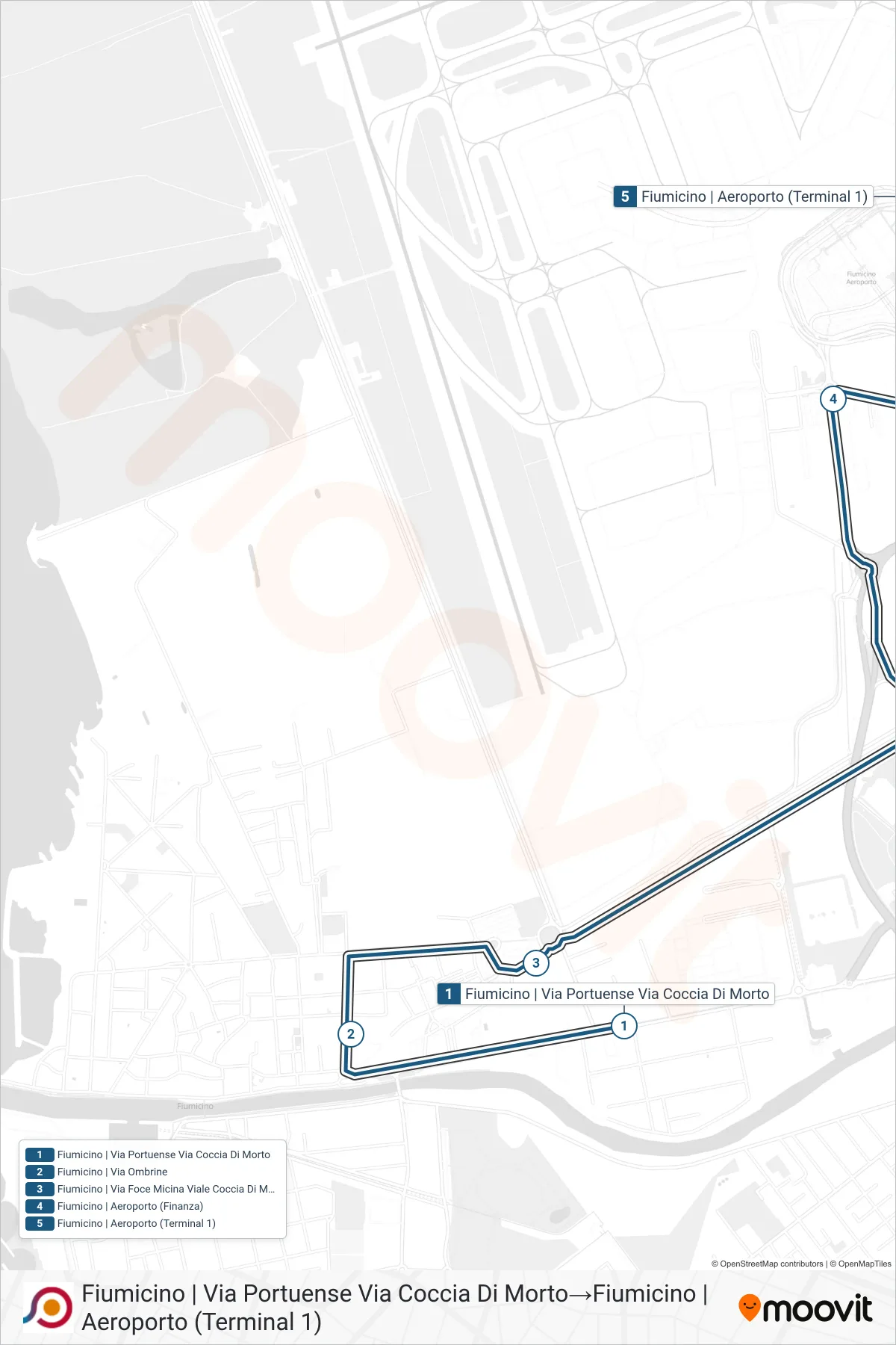 Linea COTRAL  bus (Fiumicino | Via Portuense Via Coccia Di Morto‎→Fiumicino | Aeroporto (Terminal 1)) - Percorsi e fermate sulla mappa