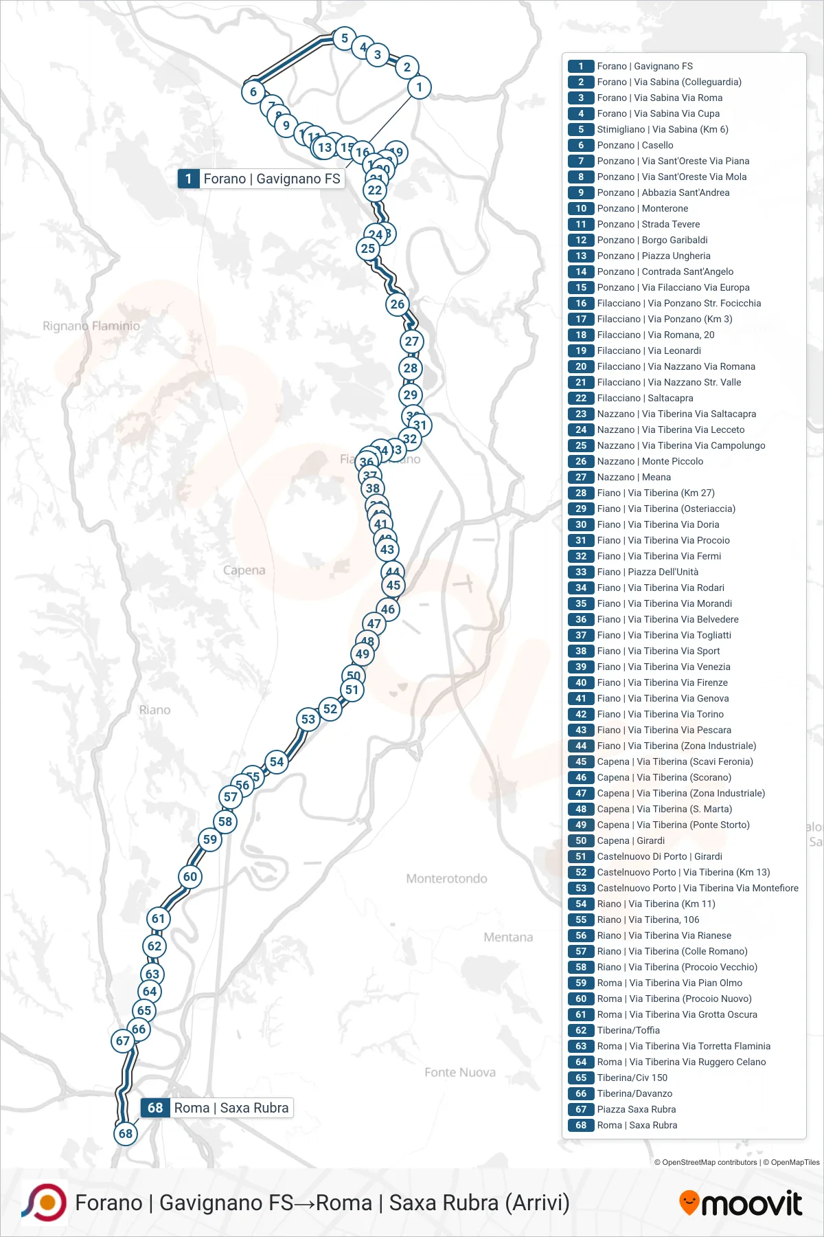 COTRAL bus Line (Forano | Gavignano Station→Rome | Saxa Rubra (Arrivals)) route and stops on a map