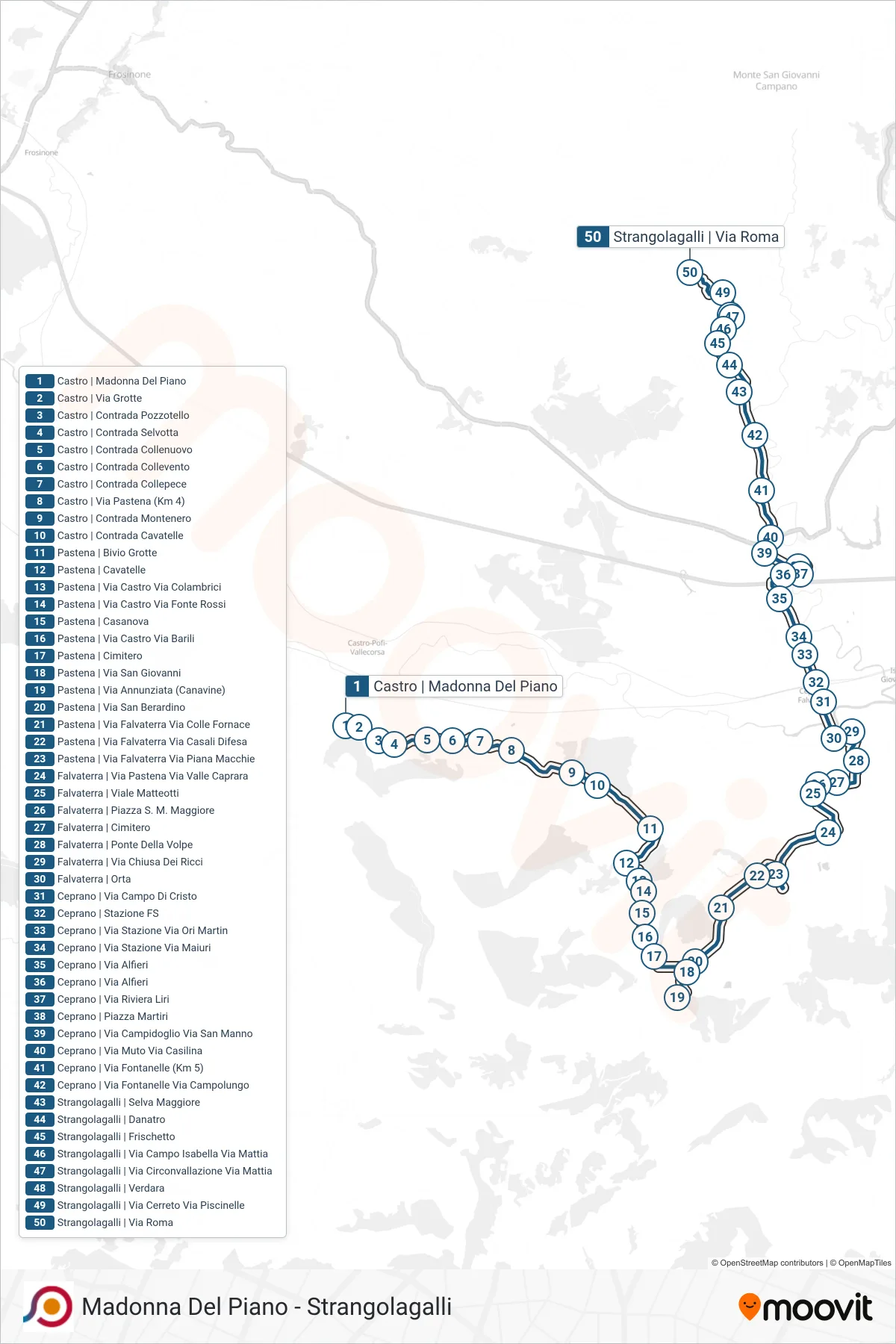Linea COTRAL  bus (Castro | Madonna Del Piano‎→Strangolagalli | Via Roma) - Percorsi e fermate sulla mappa
