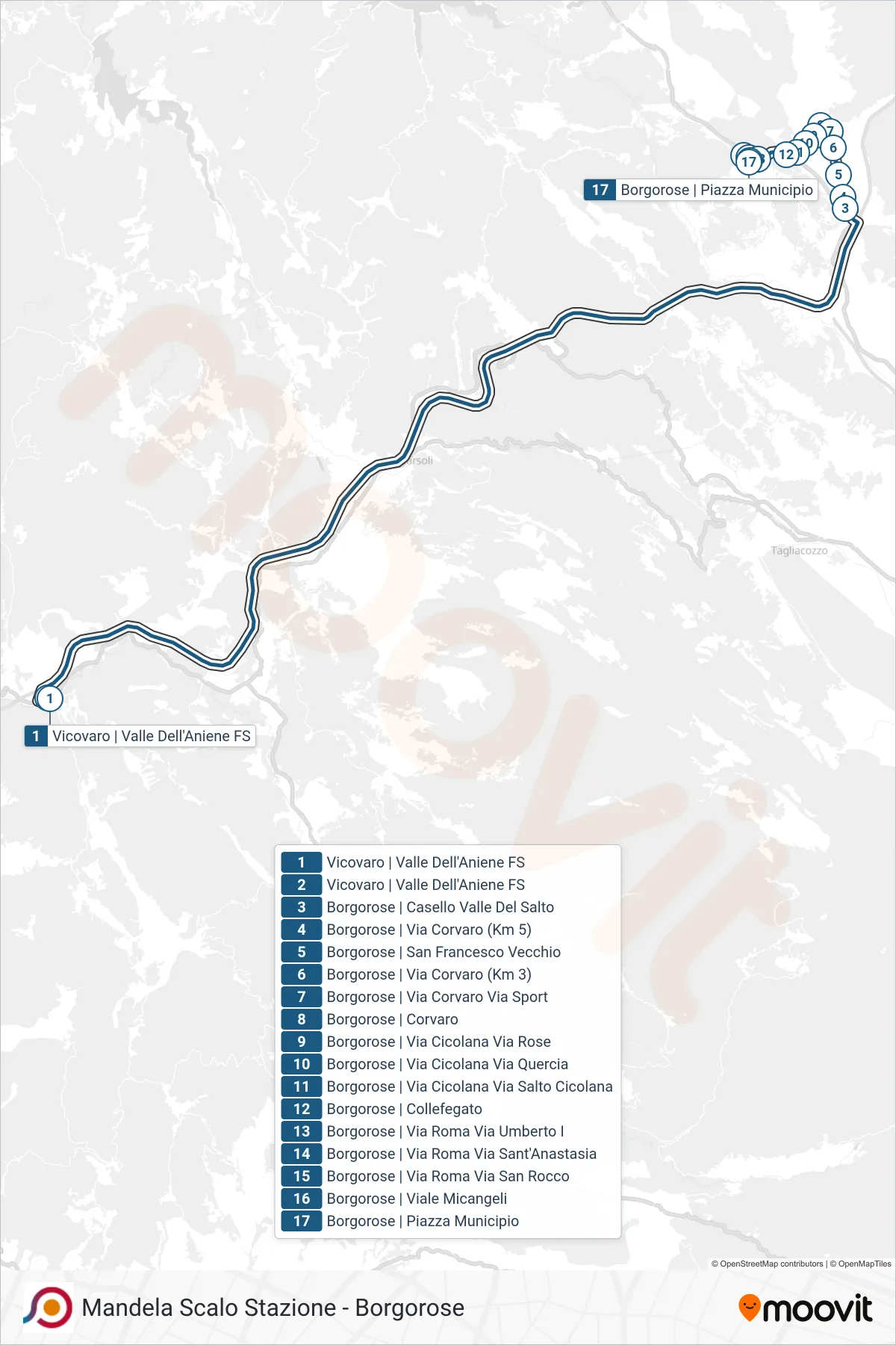 Linea COTRAL bus (Vicovaro | Valle Dell'Aniene FS→Borgorose | Piazza Municipio) - Percorsi e fermate sulla mappa
