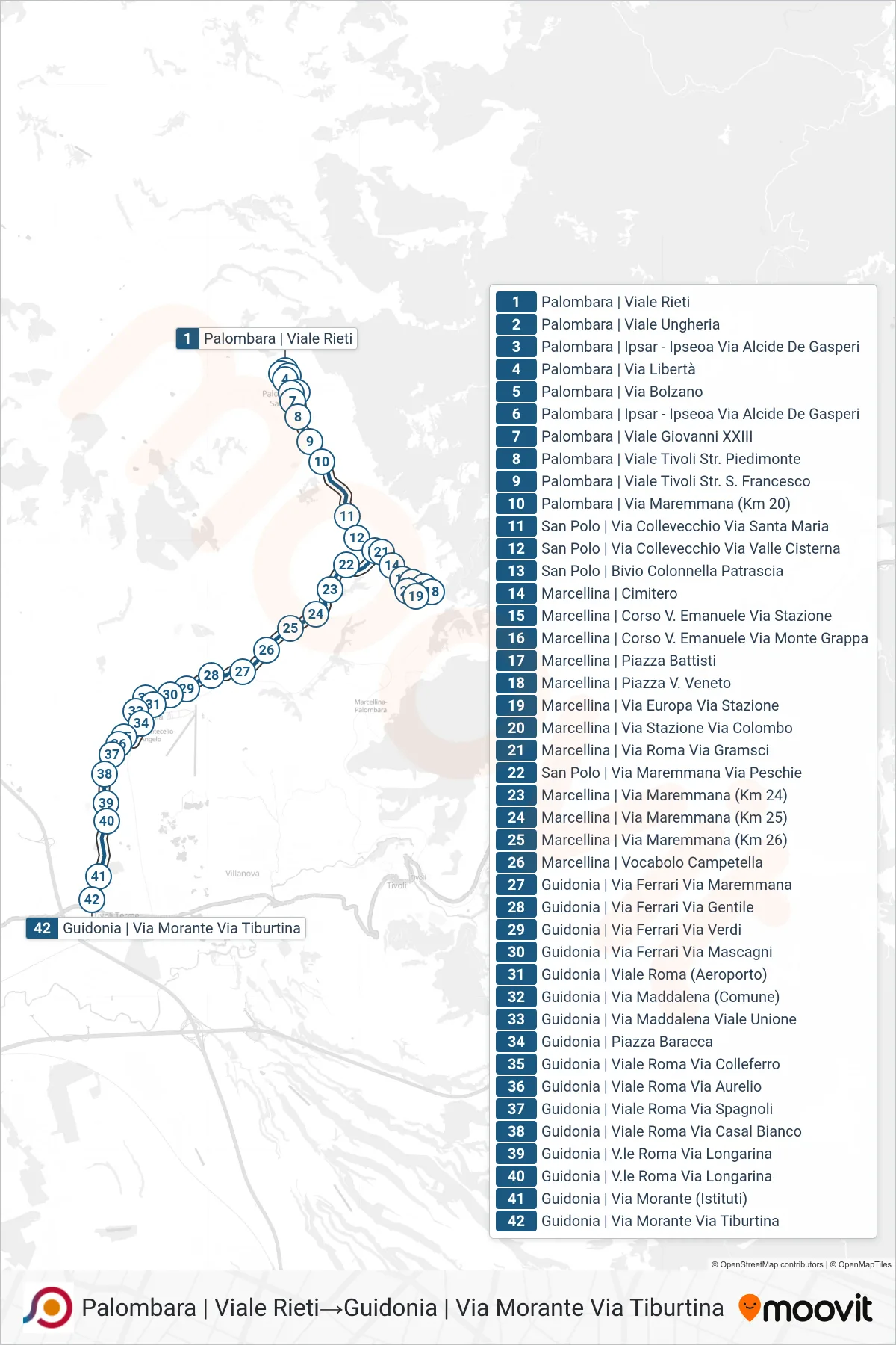 COTRAL bus Line (Palombara via Viale Rieti→Guidonia | Via Morante Via Tiburtina) route and stops on a map