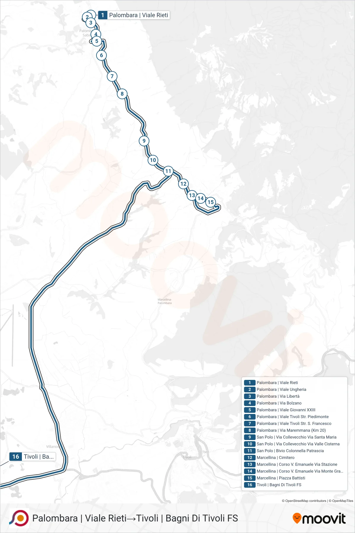 Linea COTRAL bus (Palombara | Viale Rieti→Tivoli | Bagni Di Tivoli FS) - Percorsi e fermate sulla mappa