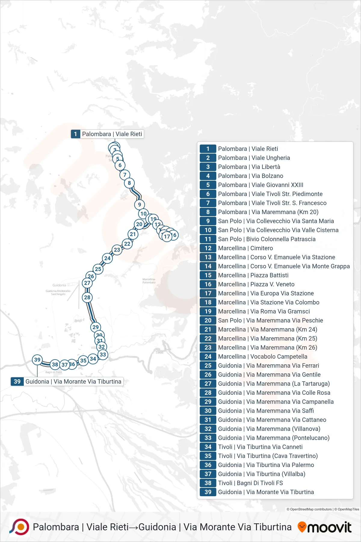 Linea COTRAL bus (Palombara | Viale Rieti→Guidonia | Via Morante Via Tiburtina) - Percorsi e fermate sulla mappa