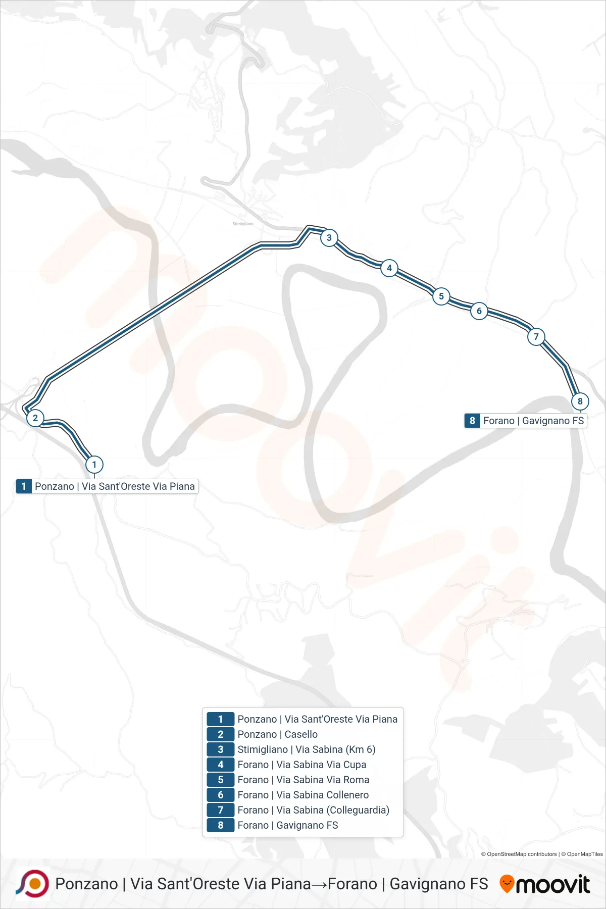 Linea COTRAL bus (Ponzano | Via Sant'Oreste Via Piana→Forano | Gavignano FS) - Percorsi e fermate sulla mappa