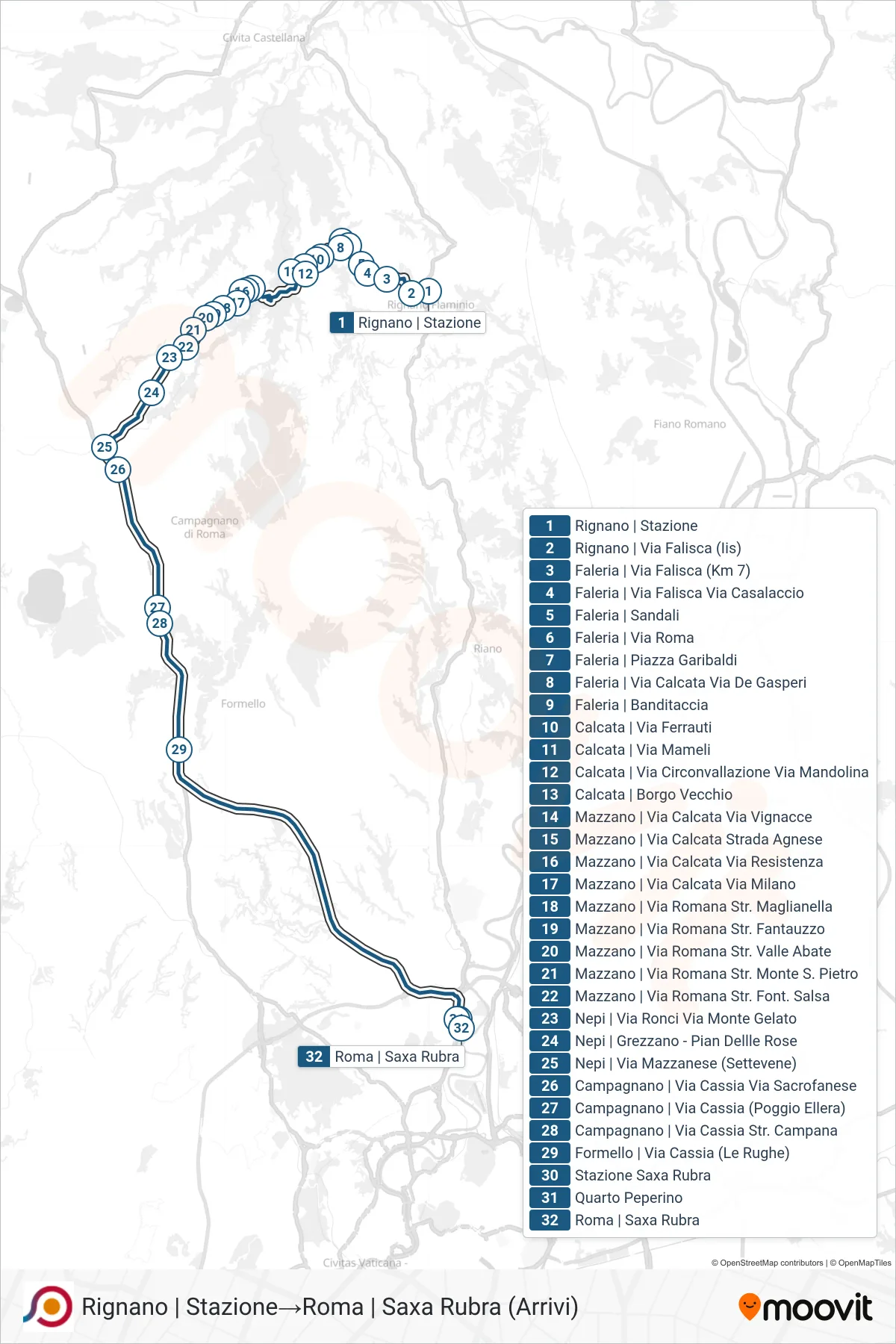 Linea COTRAL bus (Rignano | Stazione→Roma | Saxa Rubra (Arrivi)) - Percorsi e fermate sulla mappa